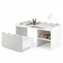 Costway - Kids Bookshelf & Toy Storage Organizer,Wooden Toddler Book Rack with Movable Drawer - Gray + White