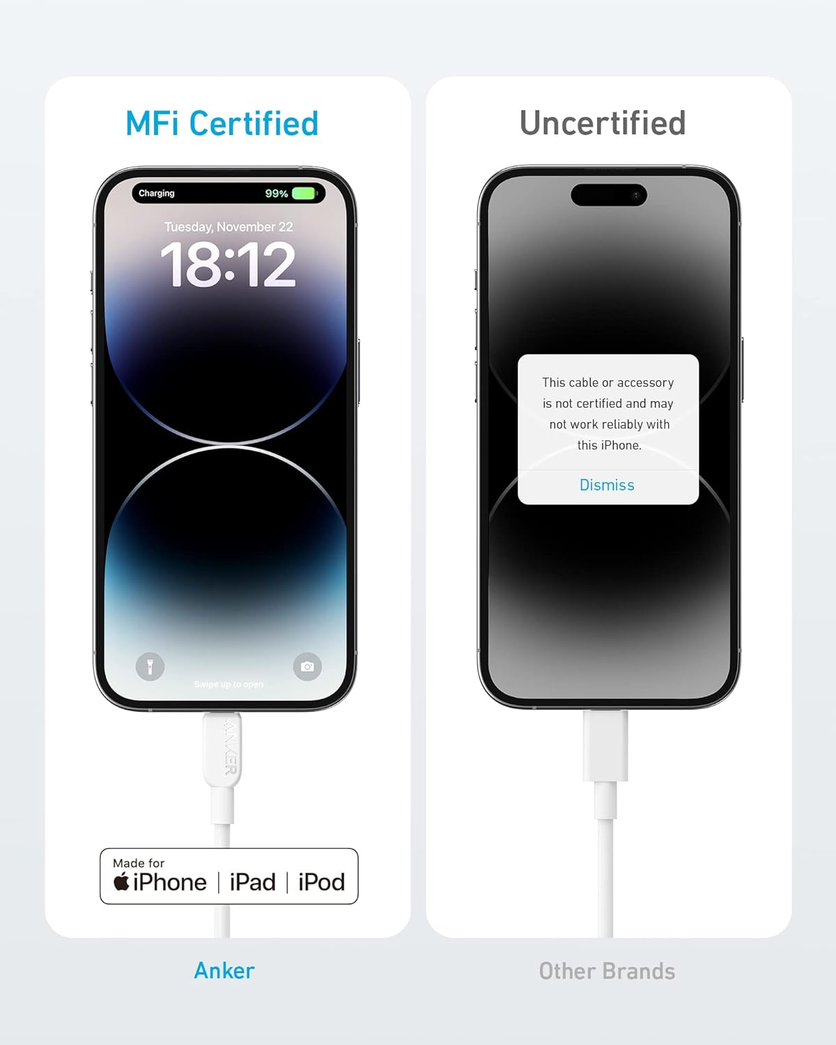 MFi Certified  
Uncertified  

Charging  
99%  
Tuesday, November 22  
18:12  

This cable or accessory is not certified and may not work reliably with this iPhone.  
Dismiss  

Made for iPhone | iPad | iPod  

Anker  
Other Brands