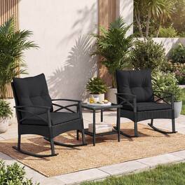 Costway - 3-Piece Rattan Rocking Bistro Set with Tempered Glass Tabletop & Cushions for Porch - Black + Black