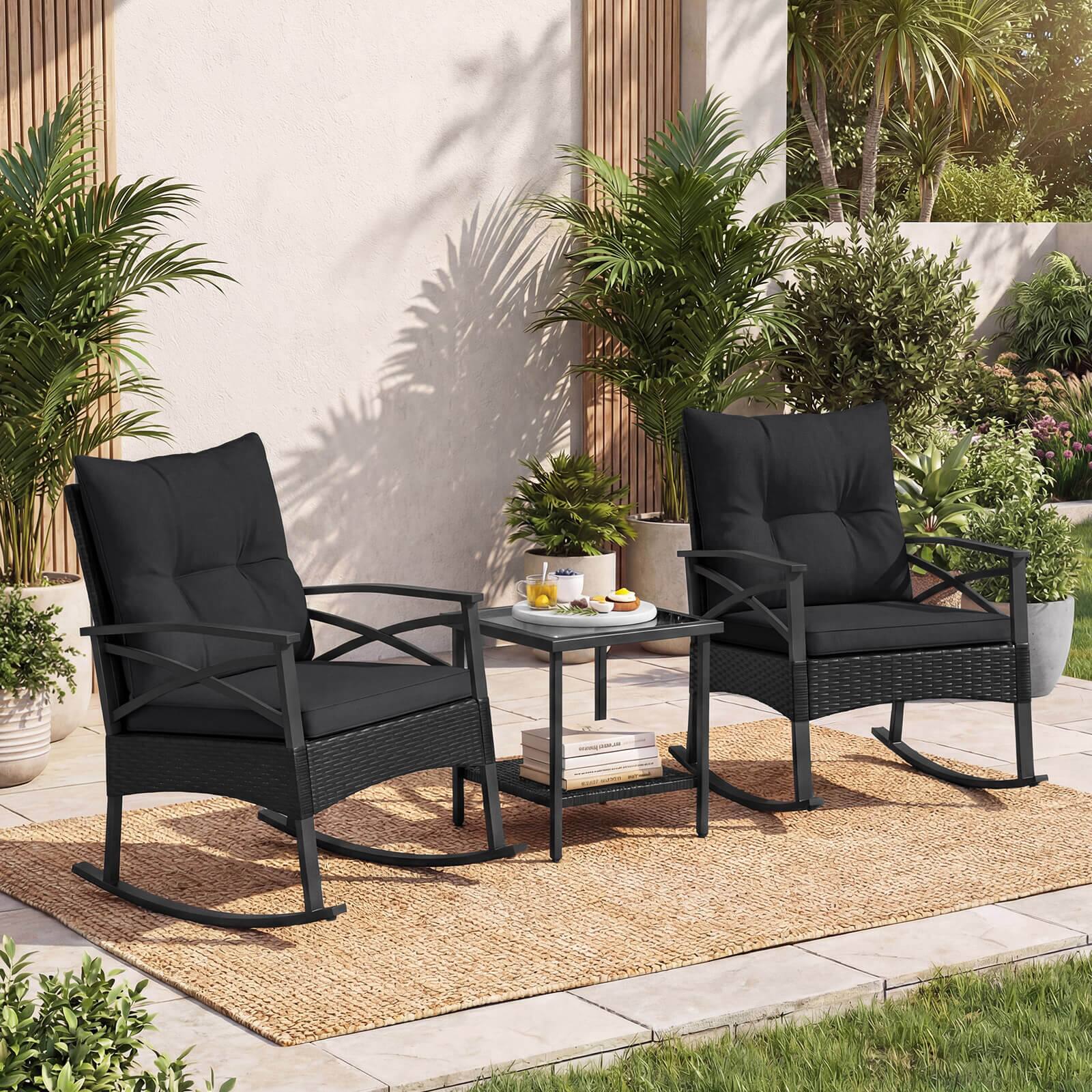 Alt View 4. Costway - Costway 3-Piece Rattan Rocking Bistro Set with Tempered Glass Tabletop & Cushions for Porch - Black + Black.