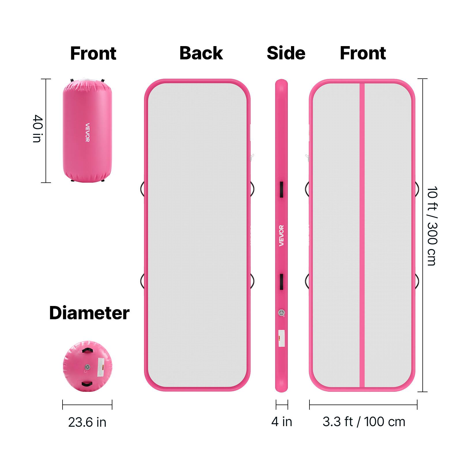 Front: 40 in  
Back: 10 ft / 300 cm  
Side: 3.3 ft / 100 cm  
Diameter: 23.6 in  
Thickness: 4 in
