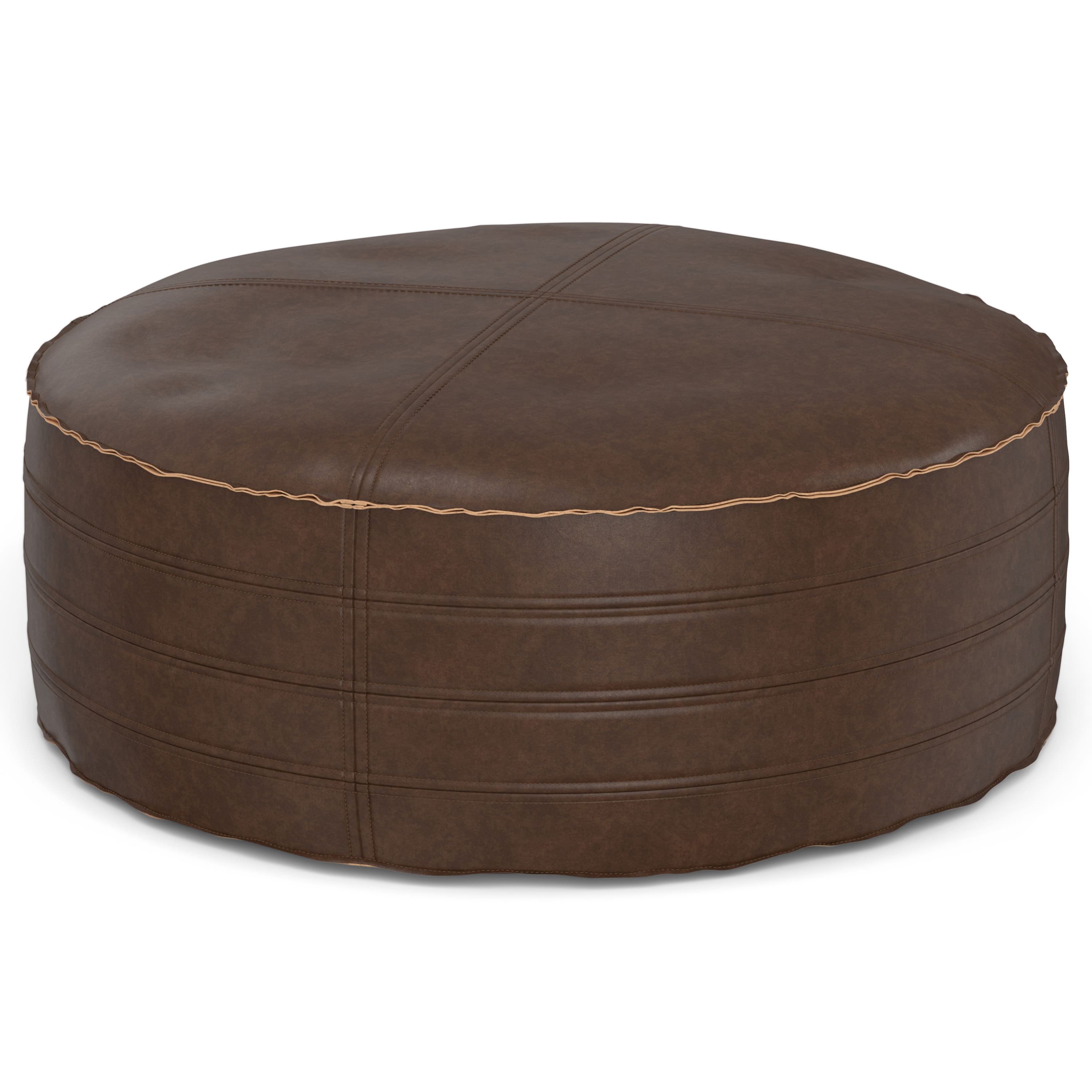 Simpli Home - Brody Boho Round Pouf Vegan Faux Leather - Distressed Dark Brown