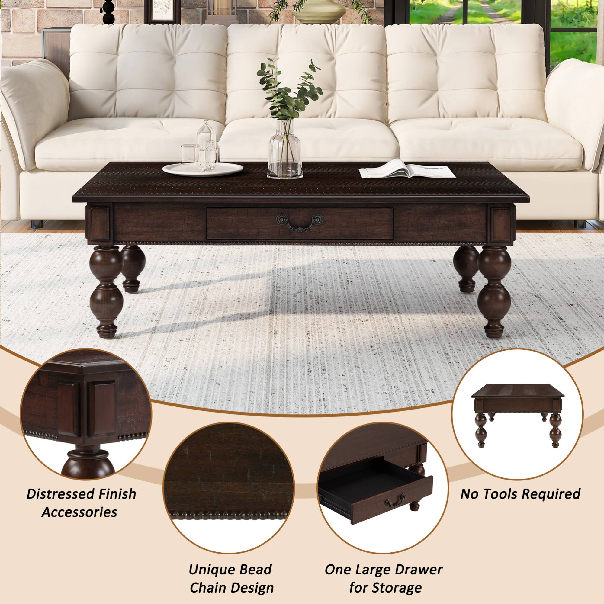 - Distressed Finish Accessories
- Unique Bead Chain Design
- One Large Drawer for Storage
- No Tools Required