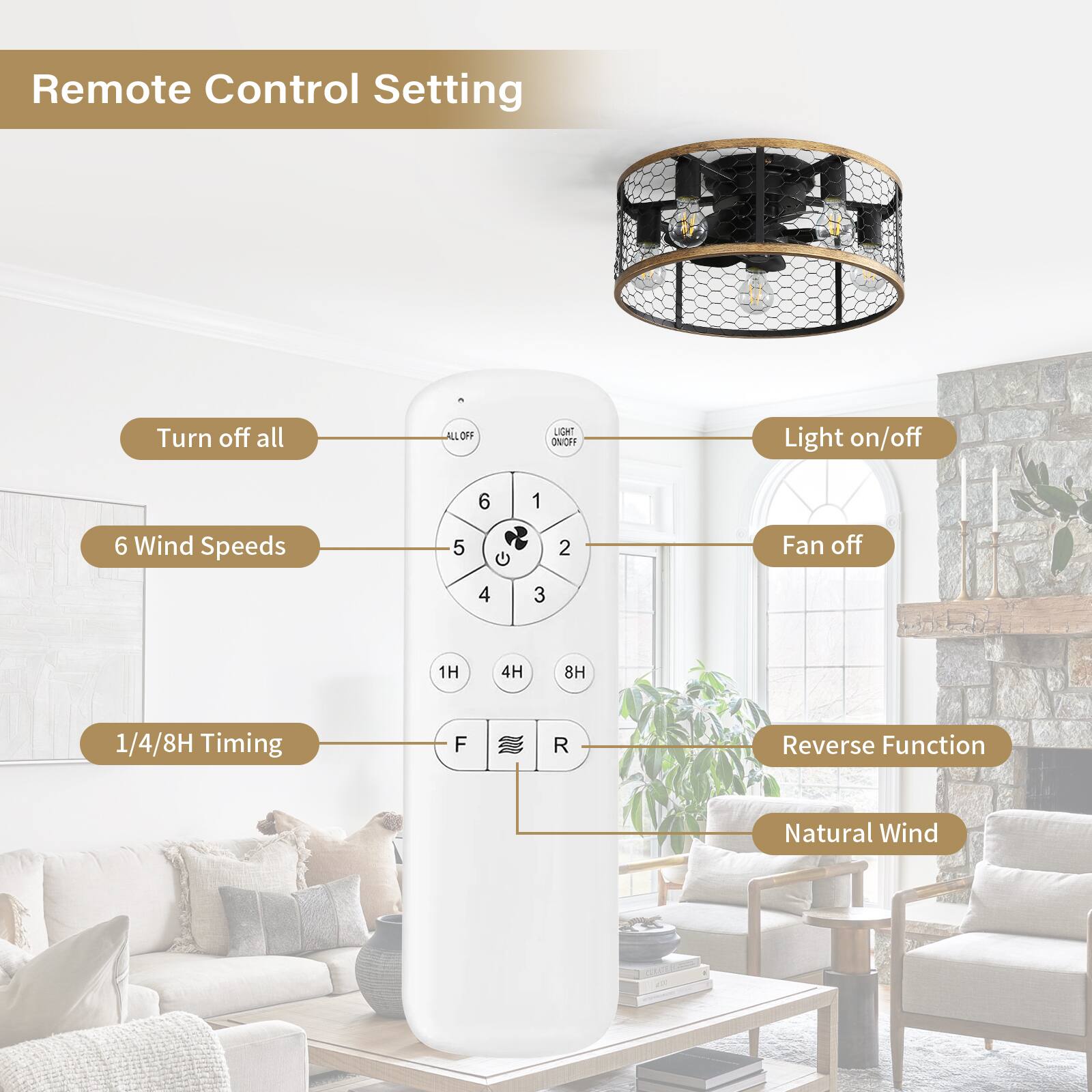 Remote Control Setting

- Turn off all
- Light on/off
- Fan off
- 6 Wind Speeds
- 1/4/8H Timing
- Reverse Function
- Natural Wind
