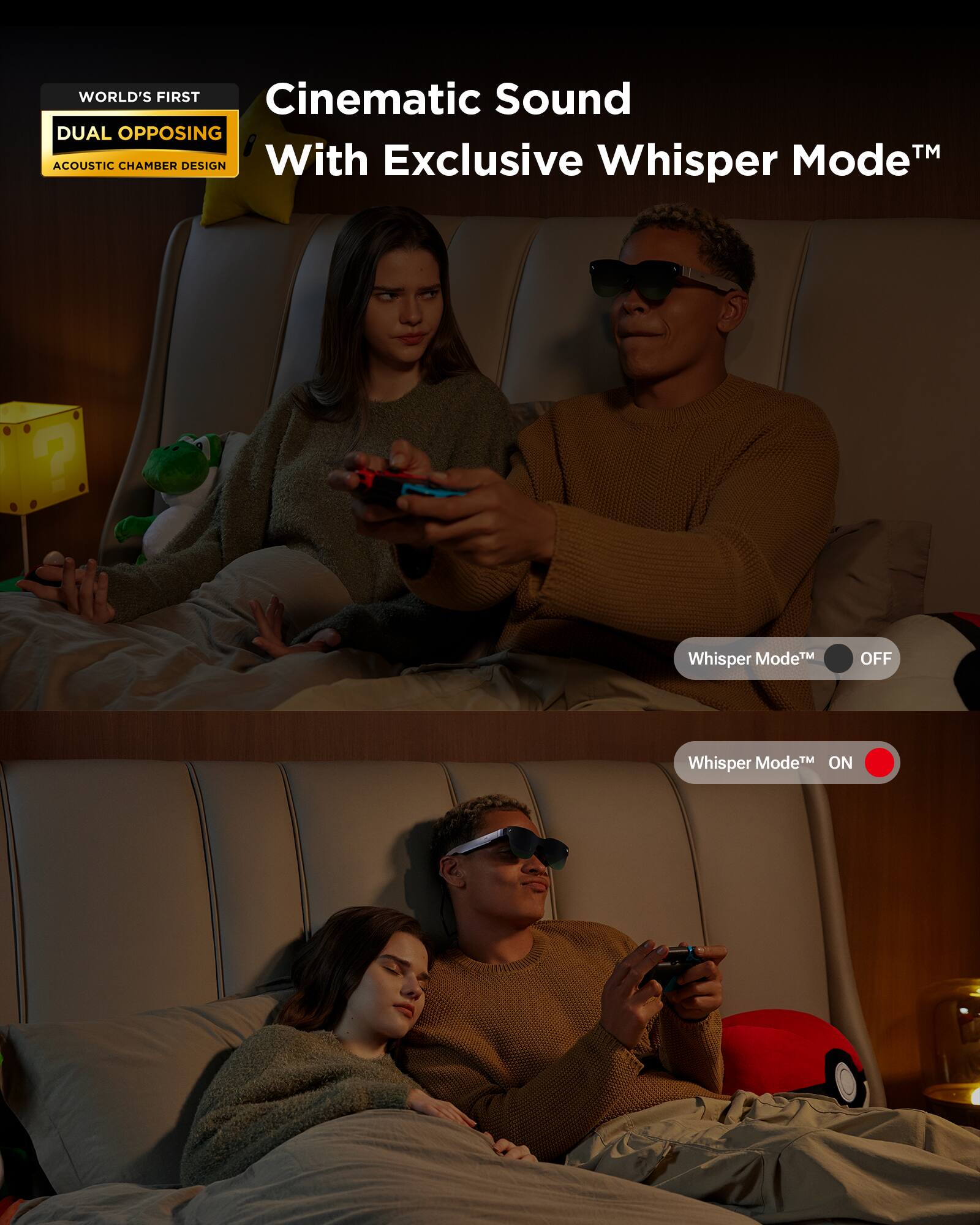 The text on the image reads: "WORLD'S FIRST Cinematic Sound DUAL OPPOSING TM ACOUSTIC CHAMBER DESIGN With Exclusive Whisper Mode." The text is grouped and corrected as follows:

"WORLD'S FIRST Cinematic Sound DUAL OPPOSING TM ACOUSTIC CHAMBER DESIGN With Exclusive Whisper Mode."