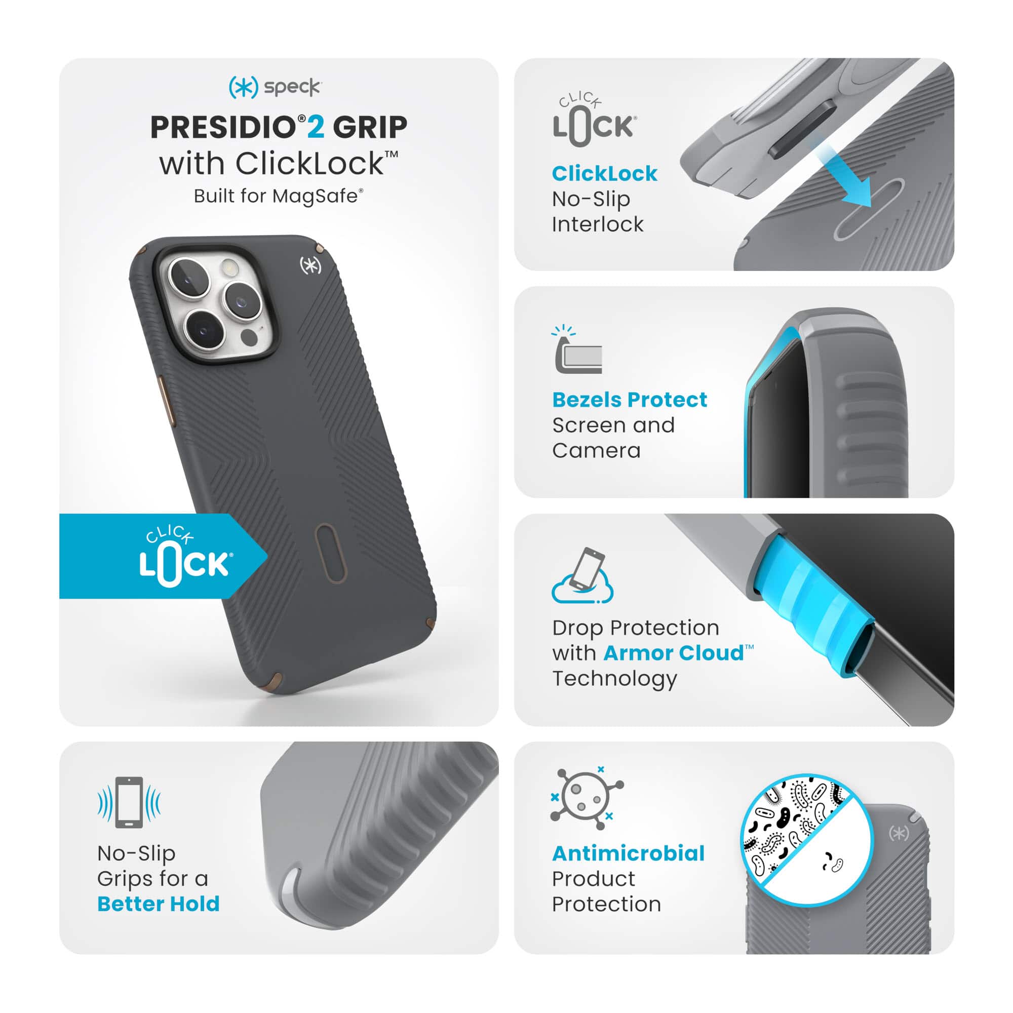 The text on the image is grouped and corrected as follows:
1. Speck Presidio2 Grip with ClickLock: Built for MagSafe
2. ClickLock: No-Slip Interlock
3. Bezels: Protect Screen and Camera
4. Drop Protection with Armor Cloud Technology
5. No-Slip Grips for a Better Hold
6. Antimicrobial Product Protection