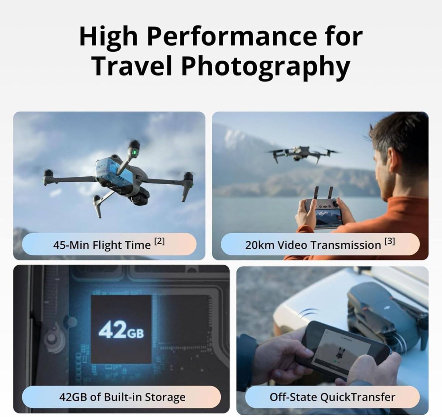 High Performance for Travel Photography

- 45-Min Flight Time [2]
- 20km Video Transmission [3]
- 42GB of Built-in Storage
- Off-State QuickTransfer