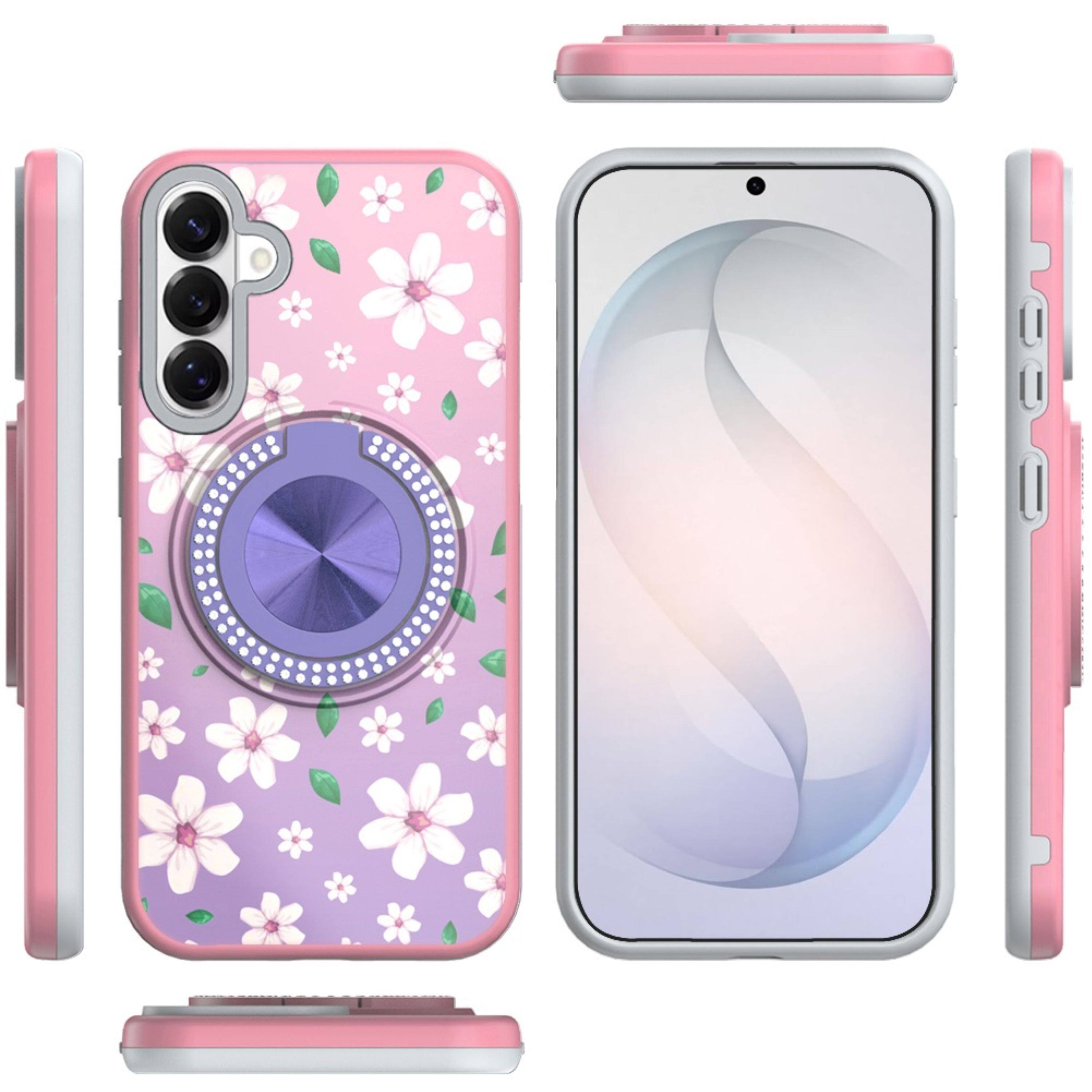 Left. Kitcheniva - Printed Design With 360 Bling Stand Cover Plus Tempered Glass For Samsung S26 FE Floral B - Multicolor.