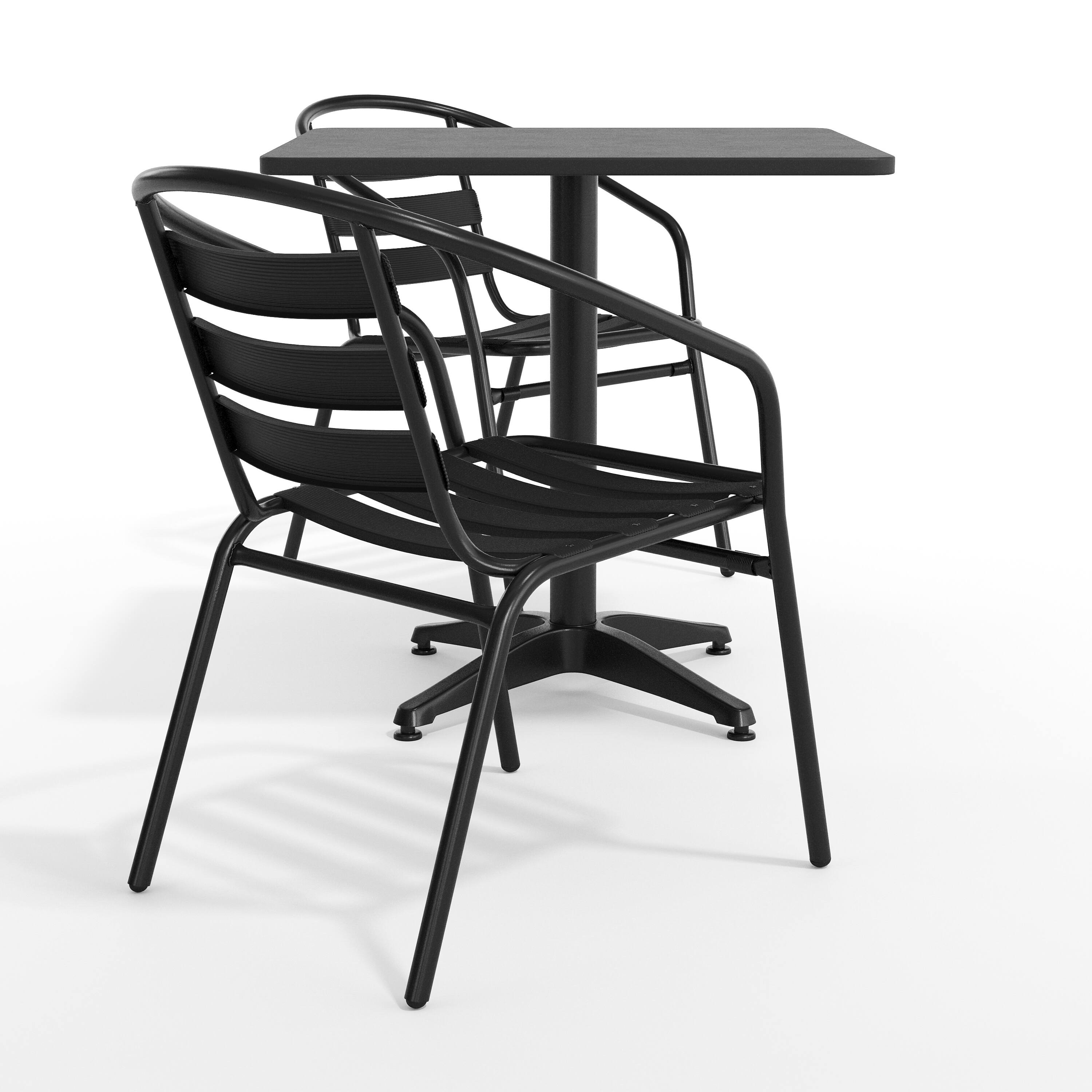 Left. Flash Furniture - Lila 27.5'' Black Square Aluminum Indoor-Outdoor Table Set with 2 Black Slat Back Chairs - Black.