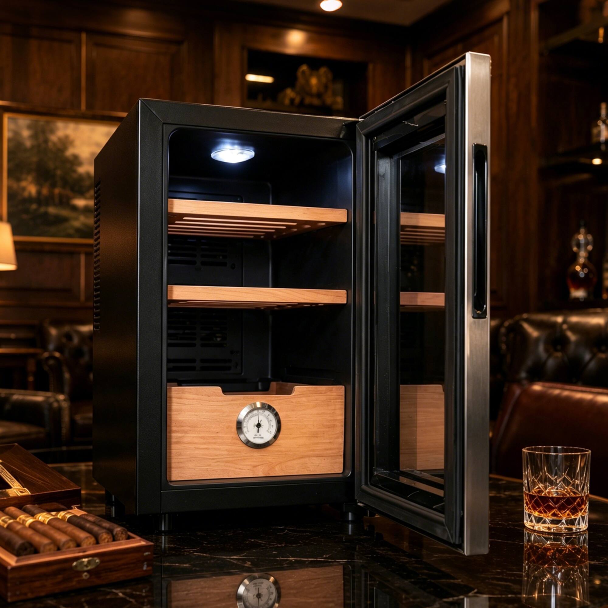 Alt View 8. KingChii - 23L Thermoelectric Cigar Humidor Storage Cabinet with Temp Control, Spanish Cedar Shelves and Hygrometer(150 Capacity) - Black.