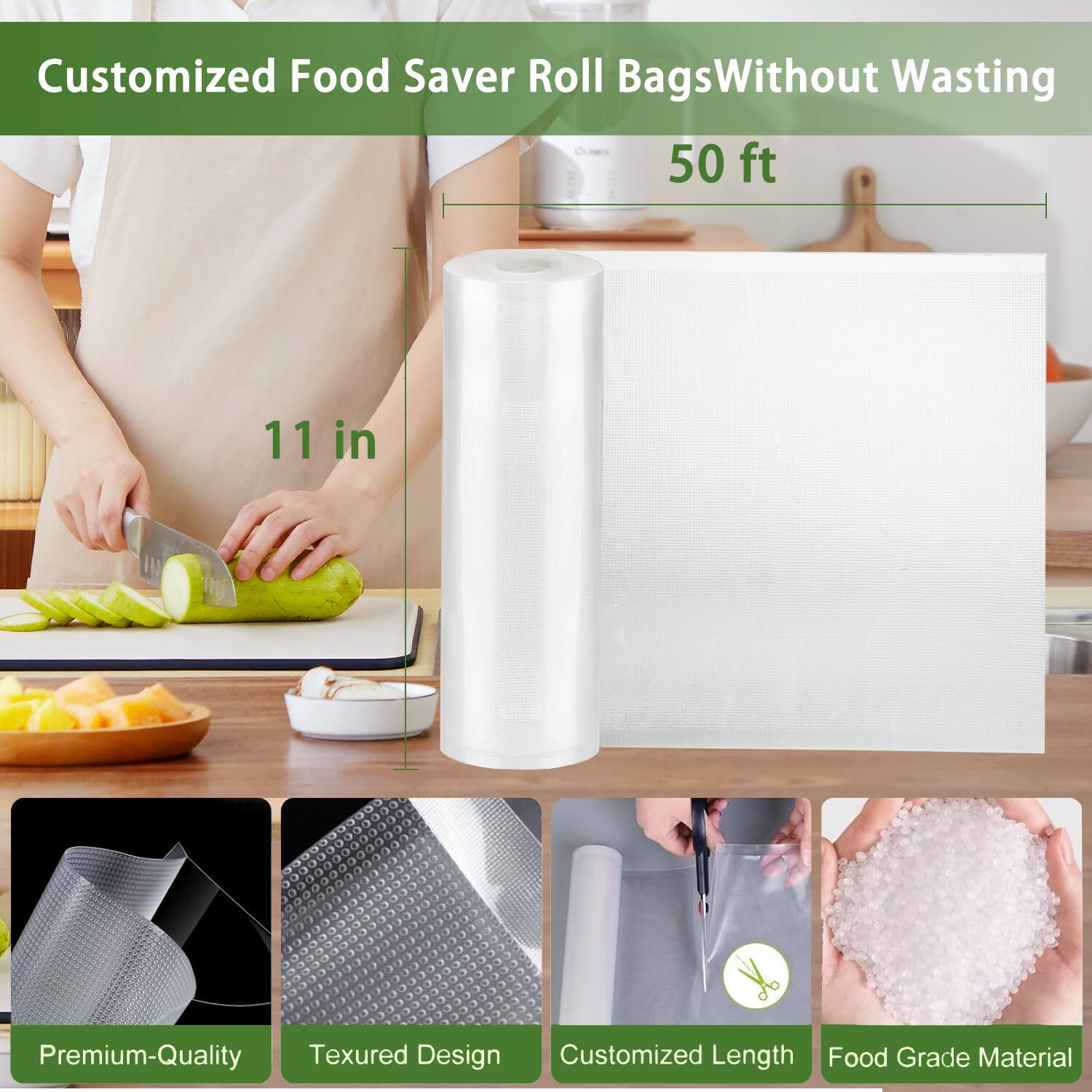 Customized Food Saver Roll Bags Without Wasting

50 ft

11 in

Premium-Quality

Textured Design

Customized Length

Food Grade Material