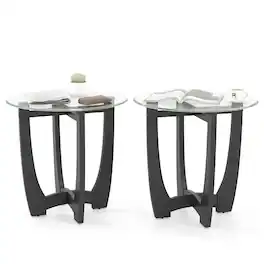 Gymax - 2PCS 23.5'' Round End Table w/Glass Tabletop Cross-shaped Solid Rubber Wood Frame - Clear/Black