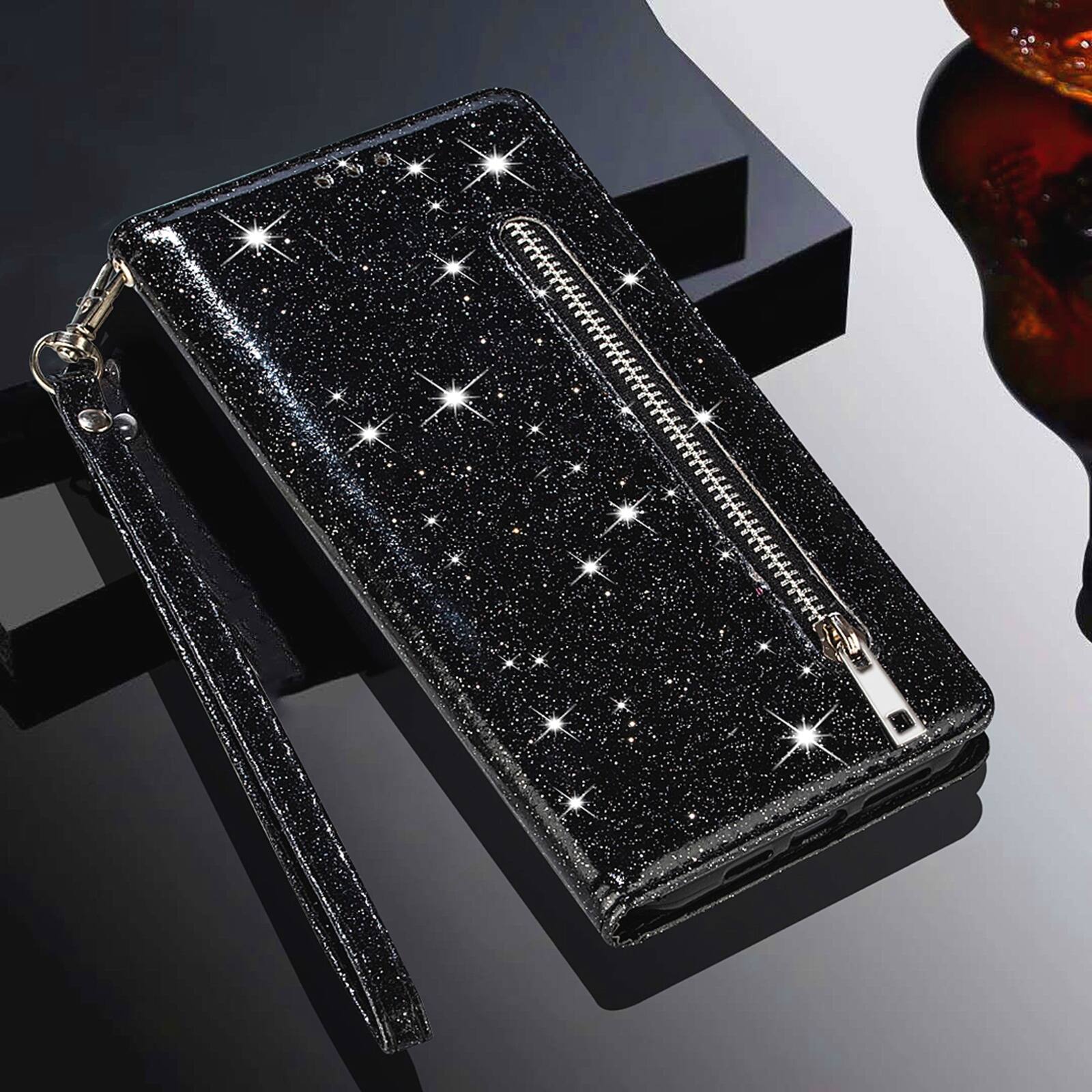 Alt View 1. Dteck - Dteck Zipper Wallet Card Bling Glitter Sparkly Case for Apple iPhone 17 Pro, Shockproof PU Leather Holder Strap Cover - Black.