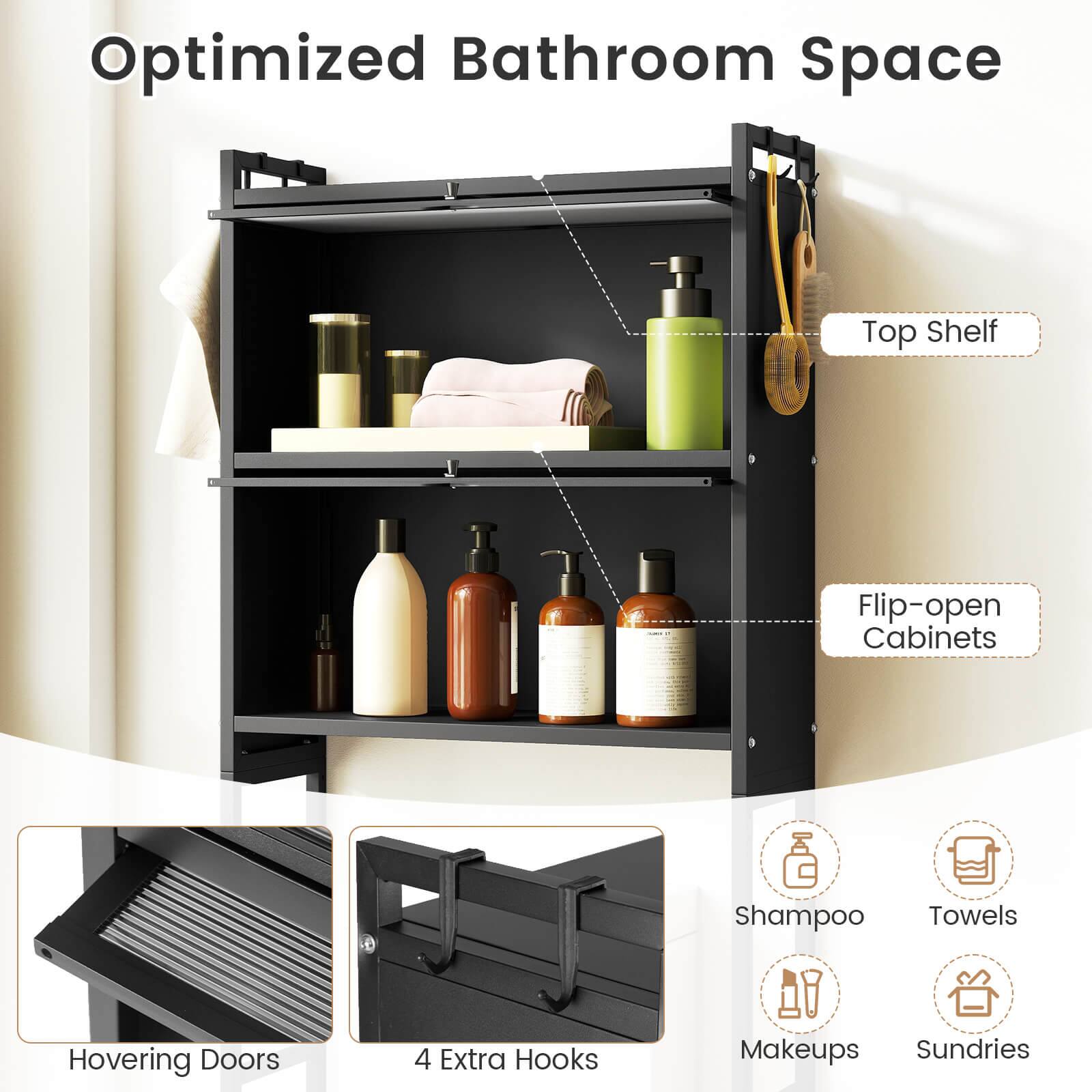 Optimized Bathroom Space

- Top Shelf
- Flip-open Cabinets
- Shampoo
- Towels
- Makeups
- Sundries
- Hovering Doors
- 4 Extra Hooks