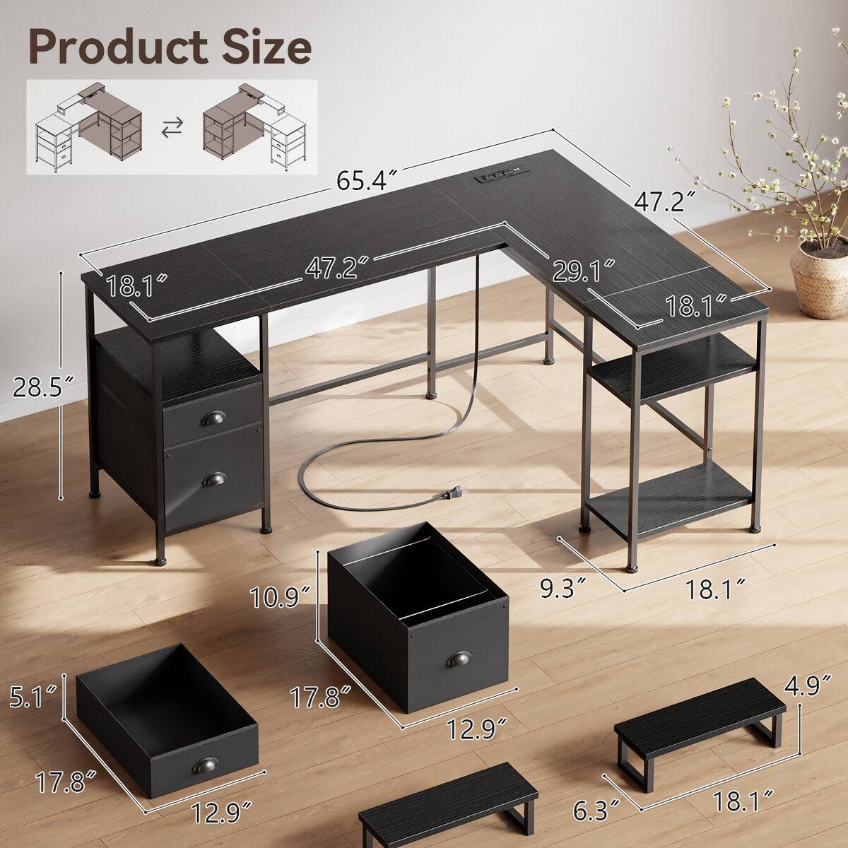 Product Size

- 65.4"
- 47.2"
- 18.1"
- 29.1"
- 28.5"
- 10.9"
- 9.3"
- 5.1"
- 17.8"
- 12.9"
- 4.9"
- 6.3"
