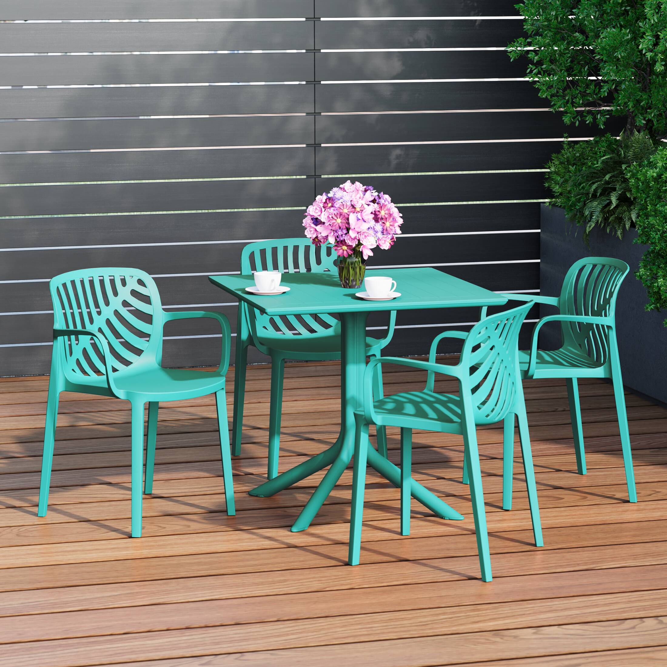 Angle. WestinTrends - WestinTrends Playa 5-Piece Outdoor Square Patio Dining Table Set with Stackable Patio Dining Chairs - Turquoise.