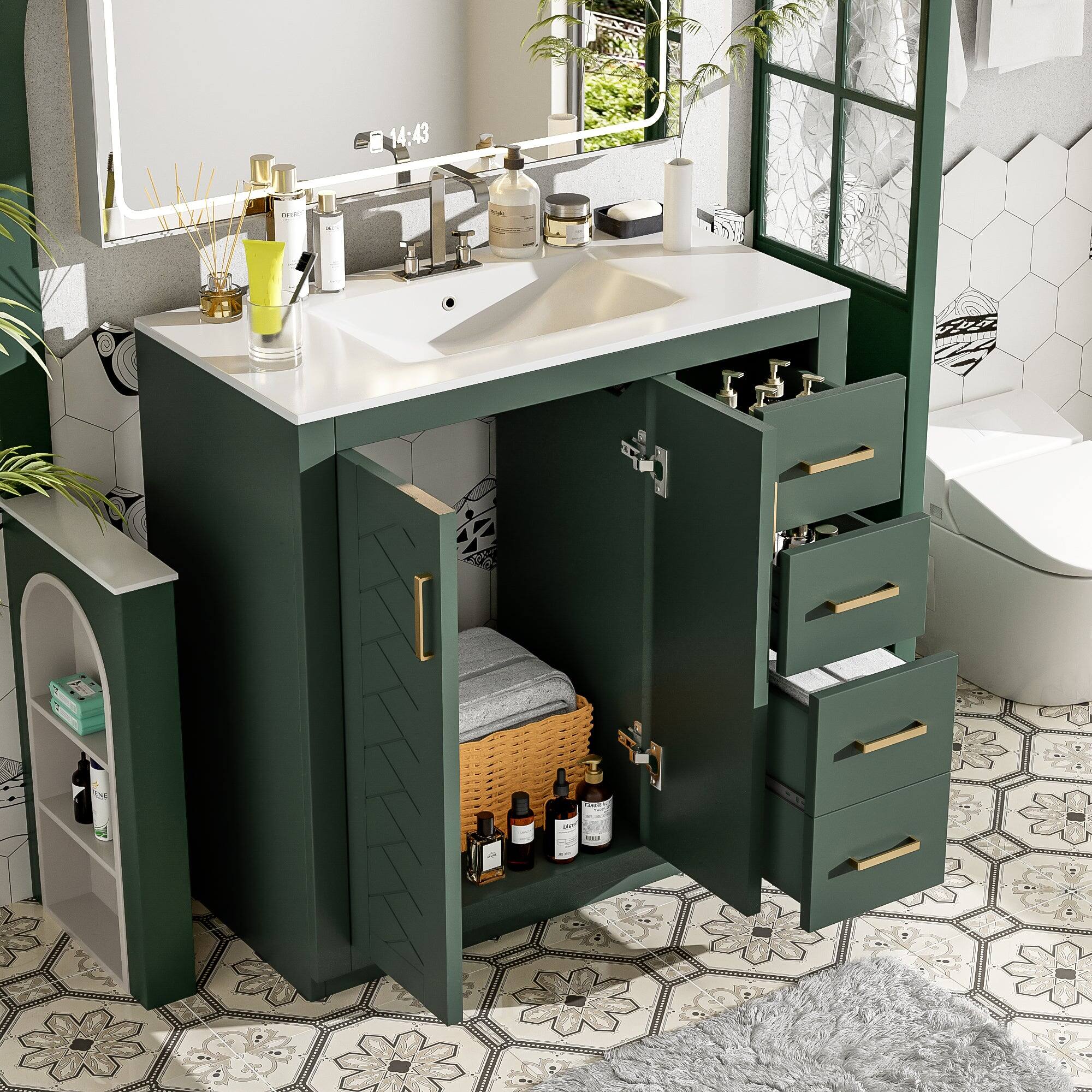 Alt View 5. Boyel Living - 36 Inch Solid Wood Bathroom Vanity with Ceramic Sink and Three Drawers Green - Green.