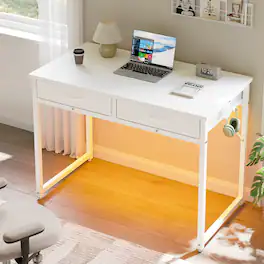 Pinmoco - 32"/42" Small Computer Desk with RGB LED Lights & 2 Fabric Drawers, Modern Dorm Study Desk for Small Spaces - 42" White