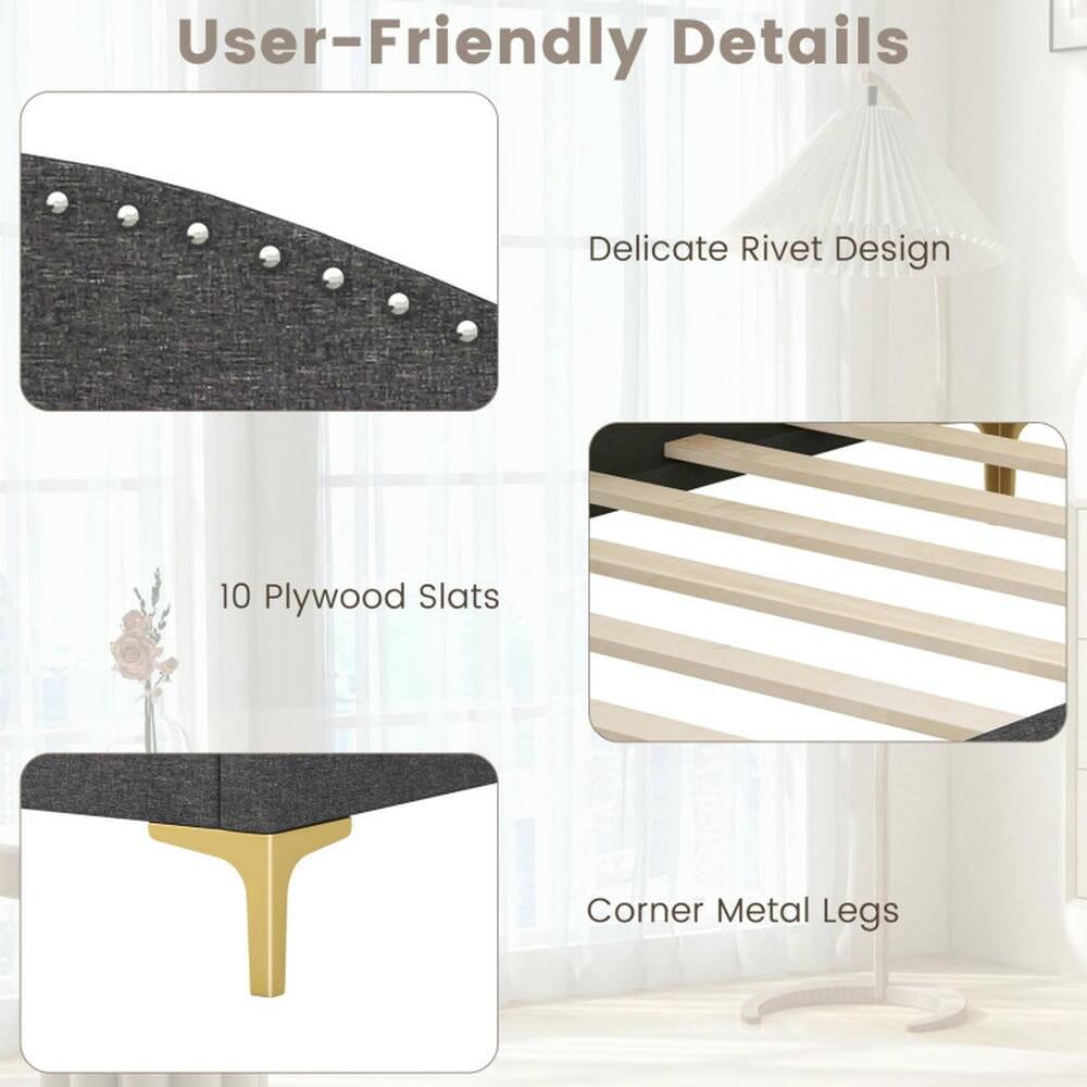 User-Friendly Details  
- Delicate Rivet Design  
- 10 Plywood Slats  
- Corner Metal Legs