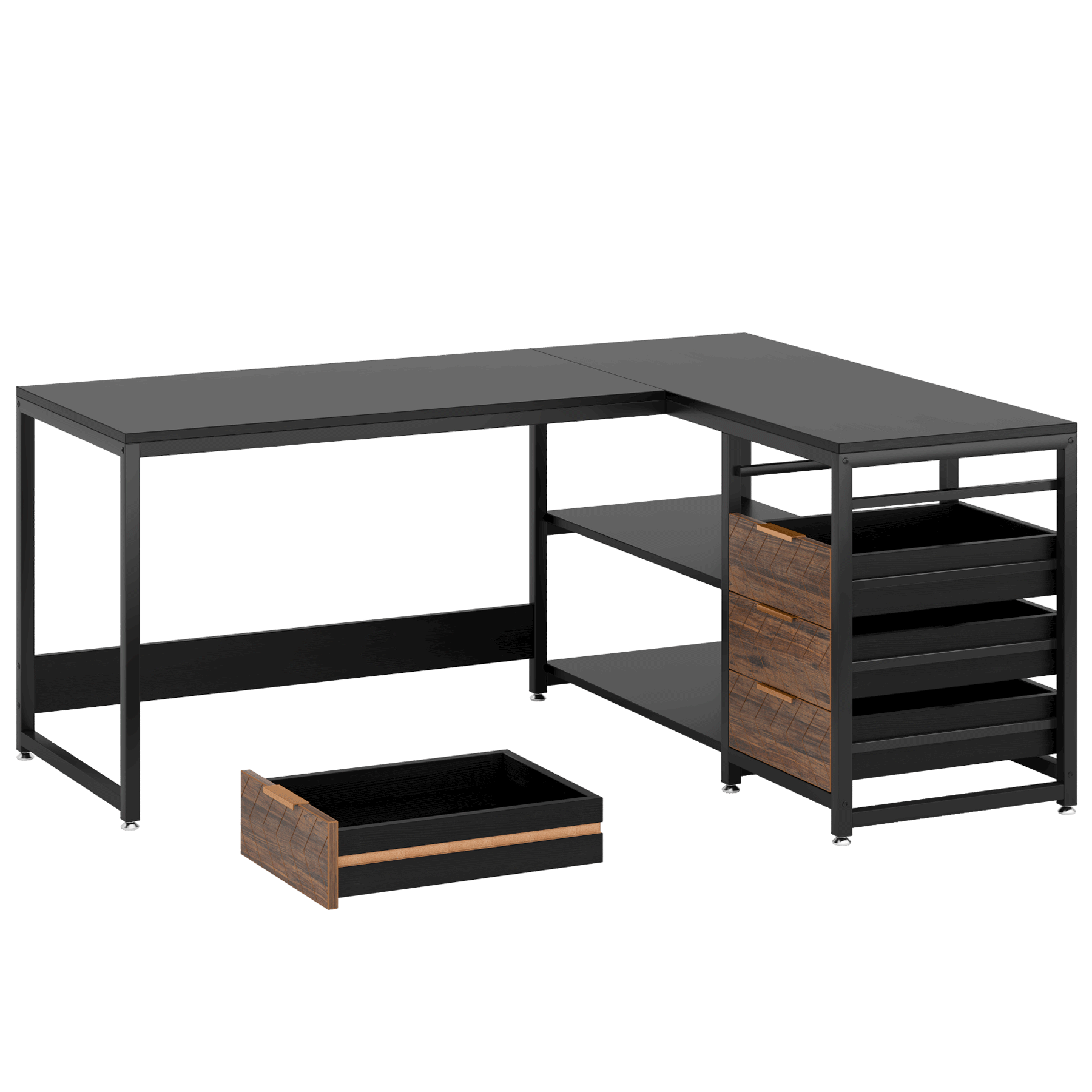 Left. APRILSOUL - 59Inches L-Shaped Computer Desk with Drawers and Storage Shelves Reversible Corner Office Desk File Cabinets Black - Black+Brown.