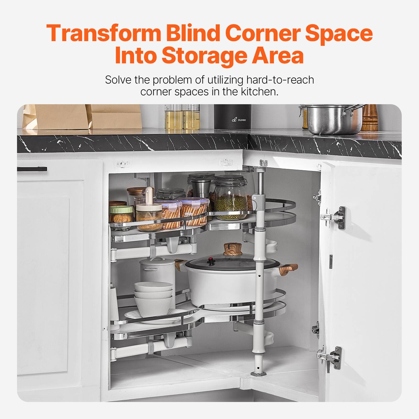 Transform Blind Corner Space Into Storage Area

Solve the problem of utilizing hard-to-reach corner spaces in the kitchen.