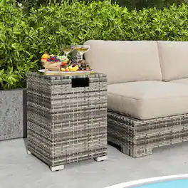 Costway - 16" Rattan Propane Tank Cover Hideaway Side Table 20 lbs Propane Gas Holder - Gray