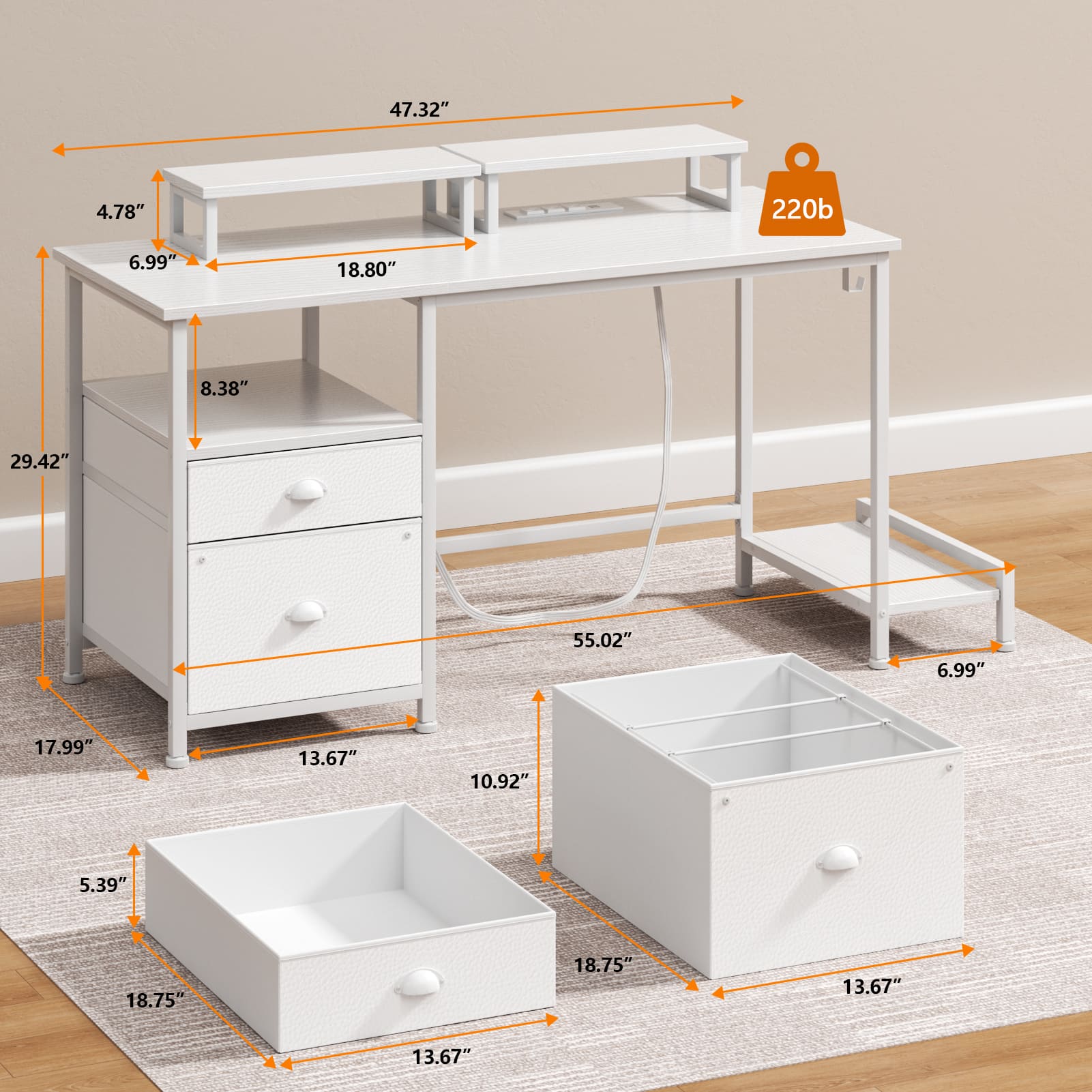 Furnulem - 47 In Computer Desk with 2 monitor stands work office Computer Table - White