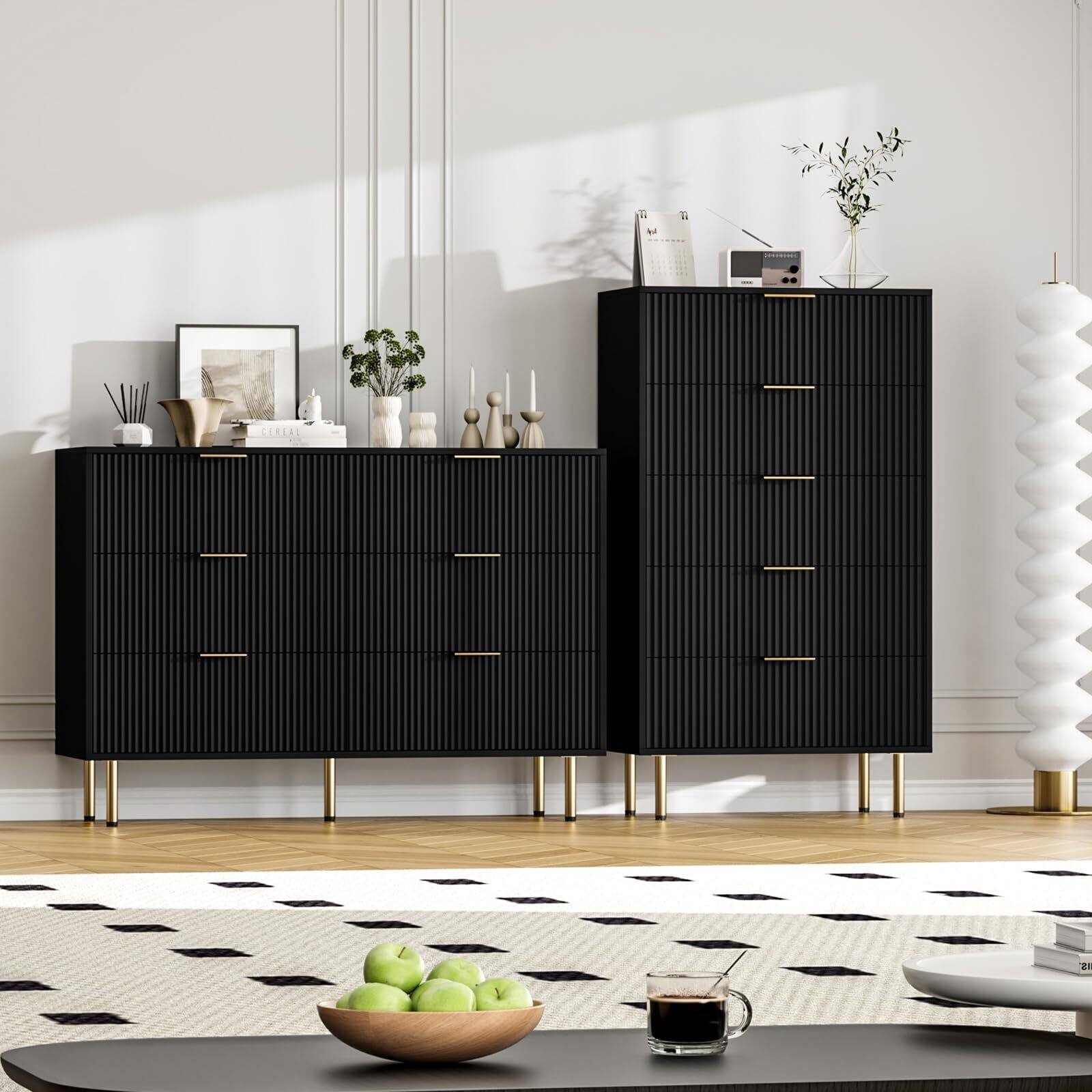 Alt View 6. Jojoka - 6 Drawers Dresser for Bedroom,Fluted Dresser Chest of Drawers - Black.