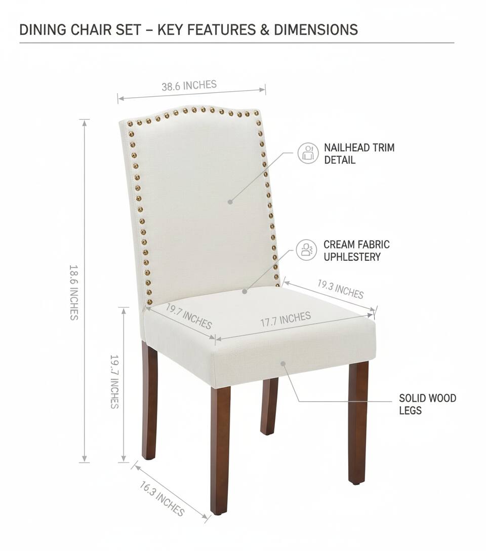 DINING CHAIR SET – KEY FEATURES & DIMENSIONS

- NAILHEAD TRIM DETAIL
- CREAM FABRIC UPHOLESTERY
- SOLID WOOD LEGS

DIMENSIONS:
- 38.6 INCHES (width)
- 18.6 INCHES (height)
- 19.7 INCHES (depth)
- 19.3 INCHES (seat height)
- 17.7 INCHES (seat width)
- 16.3 INCHES (leg height)