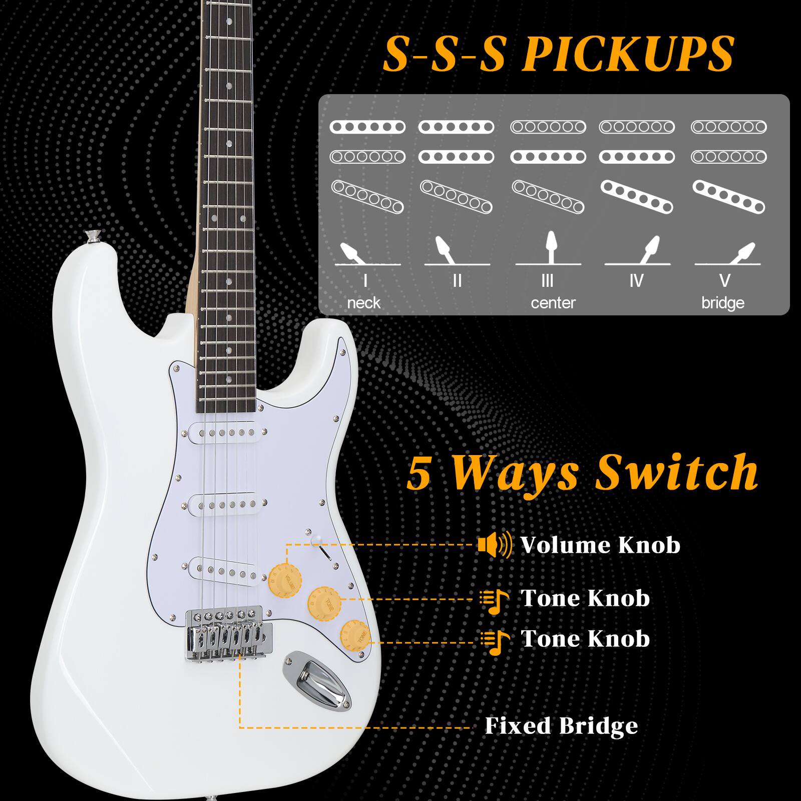 S-S-S PICKUPS  
I neck  
II center  
III center  
IV bridge  
V bridge  

5 Ways Switch  
Volume Knob  
Tone Knob  
Tone Knob  
Fixed Bridge