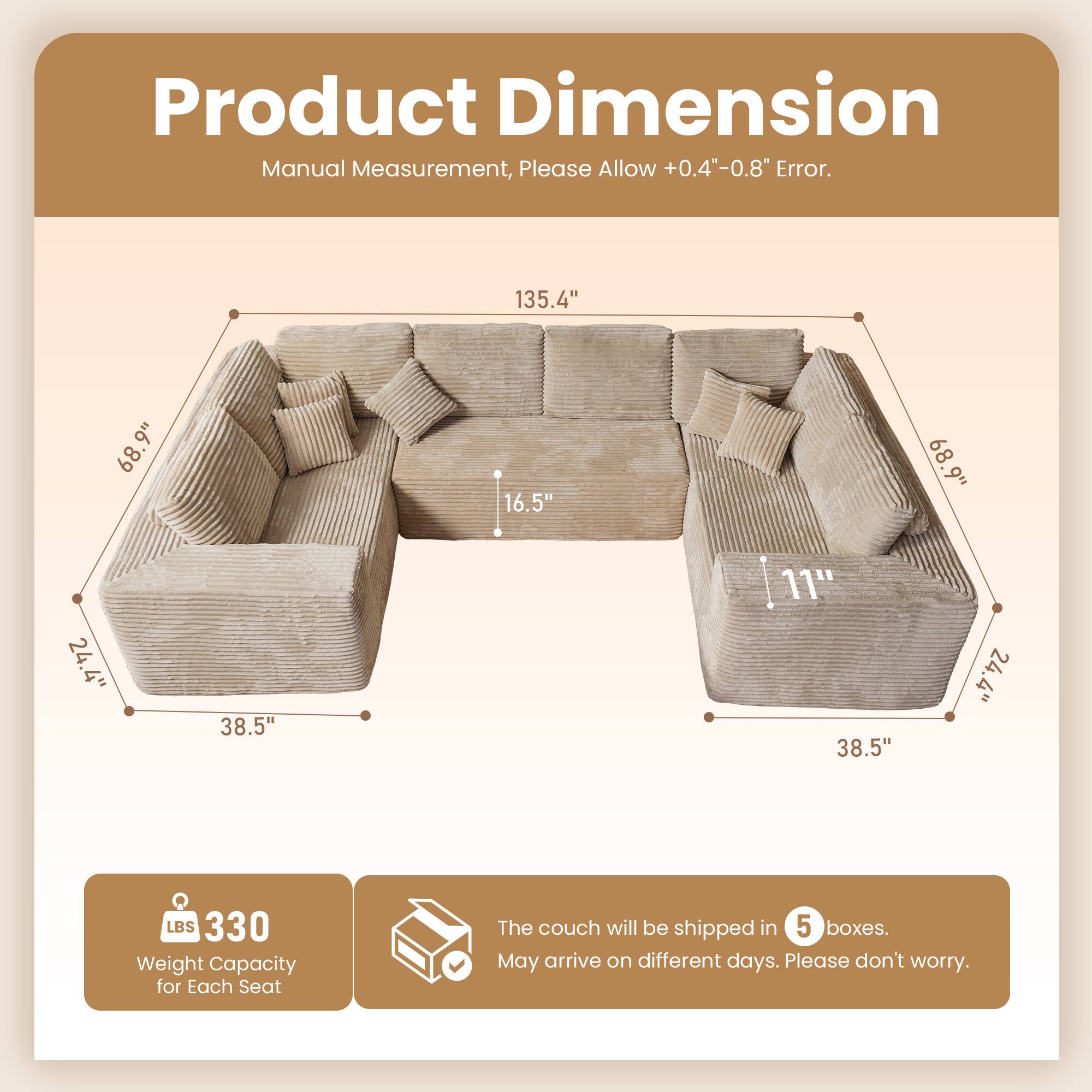 Product Dimension  
Manual Measurement, Please Allow +0.4"-0.8" Error.  

135.4"  
68.9"  
16.5"  
38.5"  
24.4"  
38.5"  
11"  
68.9"  

LBS 330  
Weight Capacity for Each Seat  

The couch will be shipped in 5 boxes.  
May arrive on different days. Please don't worry.