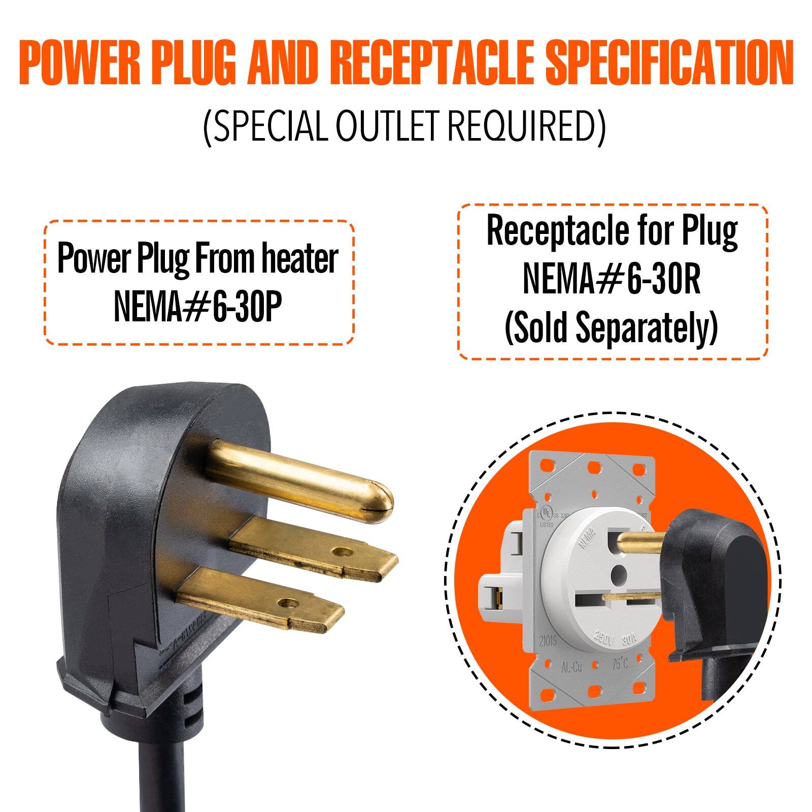 POWER PLUG AND RECEPTACLE SPECIFICATION  
(SPECIAL OUTLET REQUIRED)  

Power Plug From heater  
NEMA#6-30P  

Receptacle for Plug  
NEMA#6-30R  
(Sold Separately)  

2I0S 2500 20 M.Cu