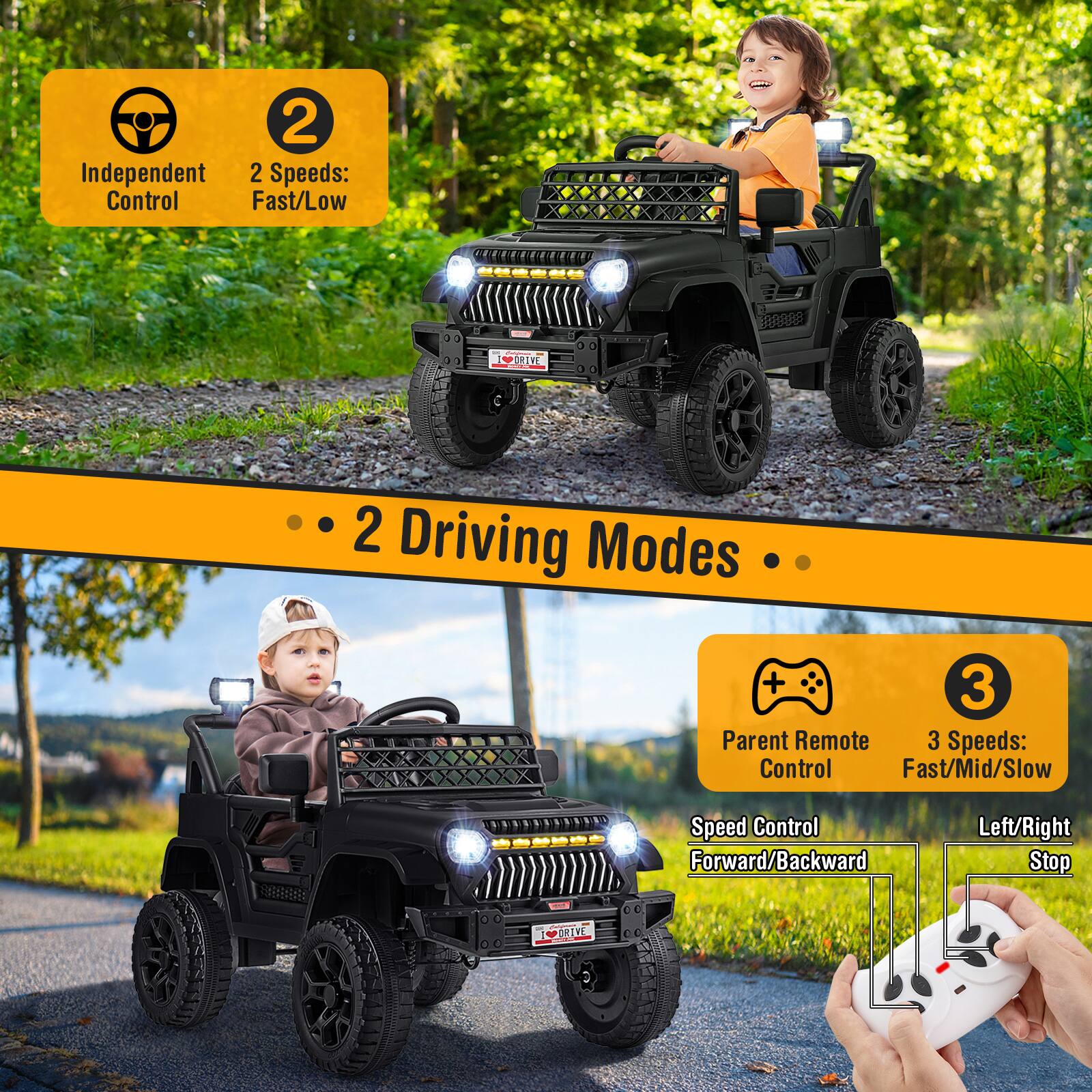 - Independent Control
- 2 Speeds: Fast/Low
- 2 Driving Modes
- Parent Remote Control
- 3 Speeds: Fast/Mid/Slow
- Speed Control: Forward/Backward
- Left/Right Stop