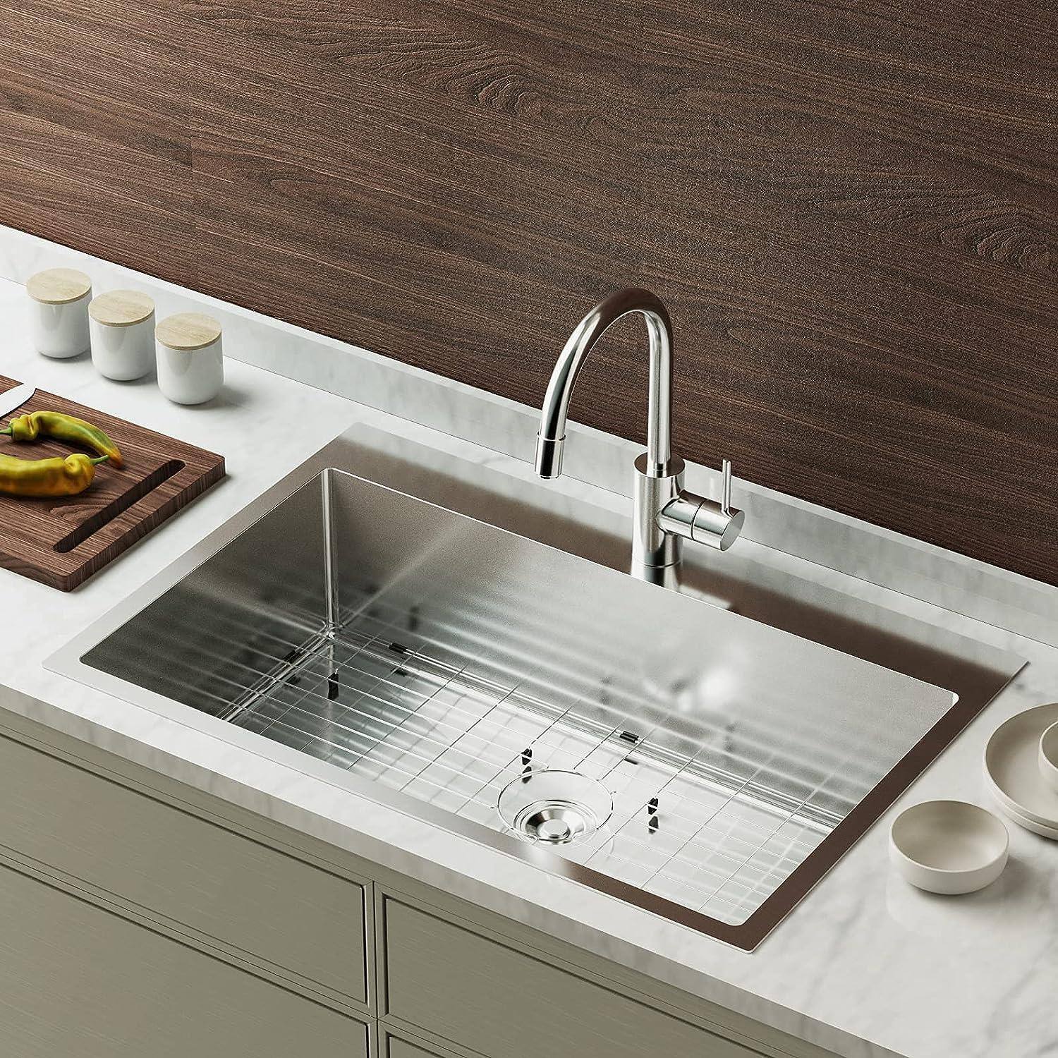 Angle. Winado - 32" W x 22" D x 9" H Large Capacity Kitchen Sink Top Mount Sink with Bottom Grid and Basket Strainer for Restaurant Home - Silver.