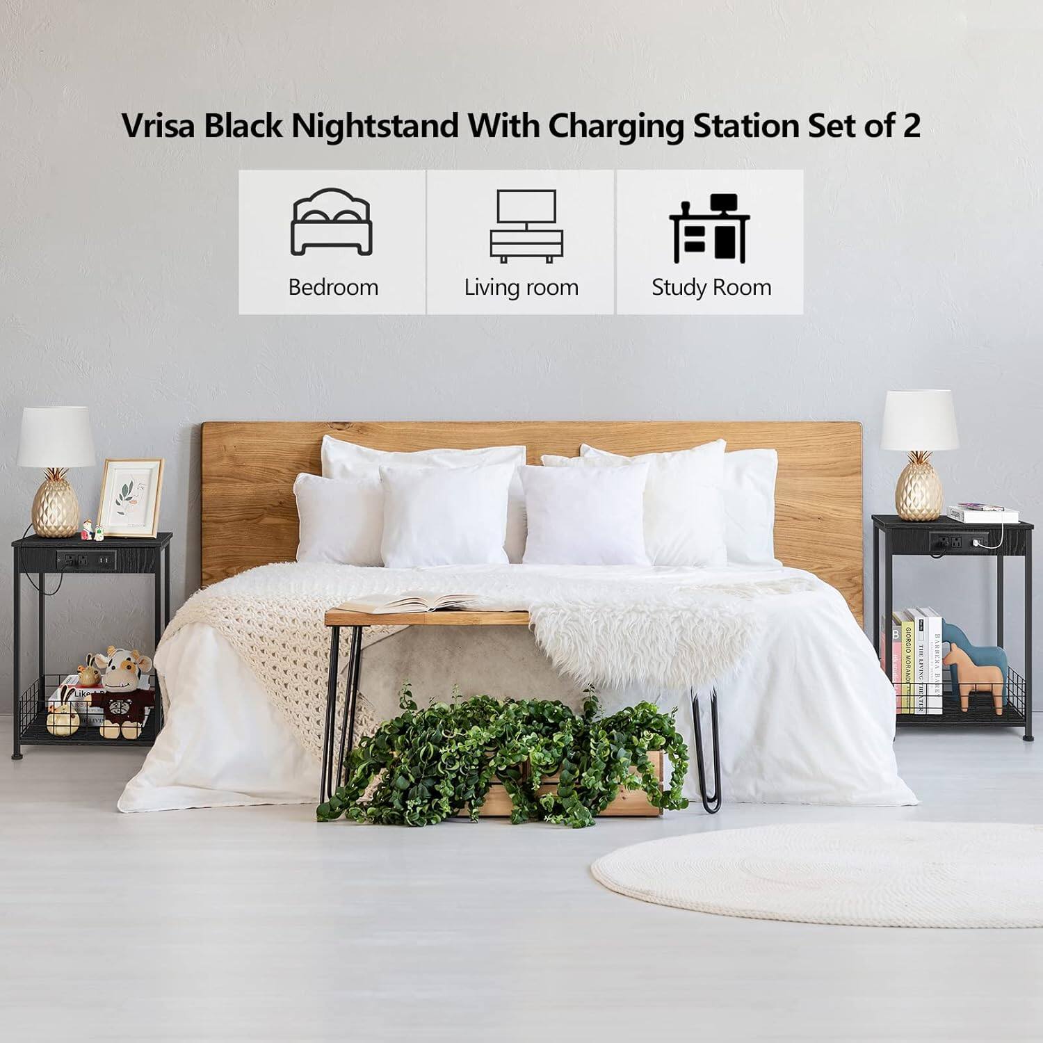 Vrisa Black Nightstand With Charging Station Set of 2 Bedroom Living room Study Room