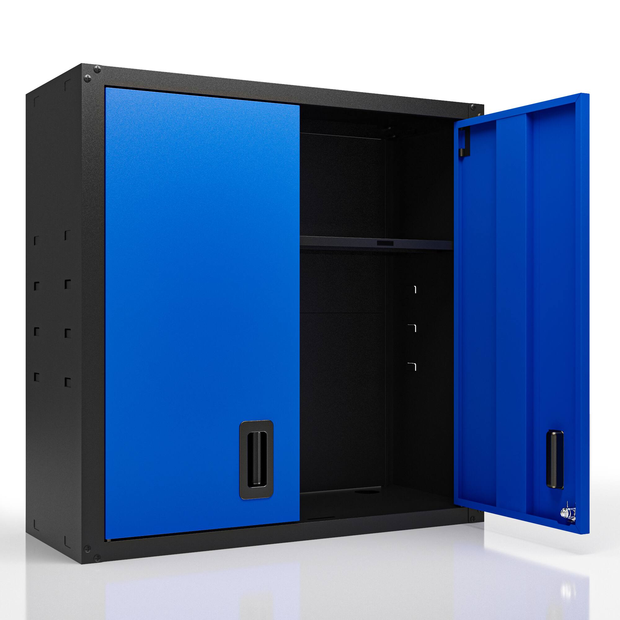 Angle. TinyHomie - Wall Mounted Lockable Metal Storage Cabinet with Two Doors and One Shelf for Garage Utility Room in Blue - Blue+Black.