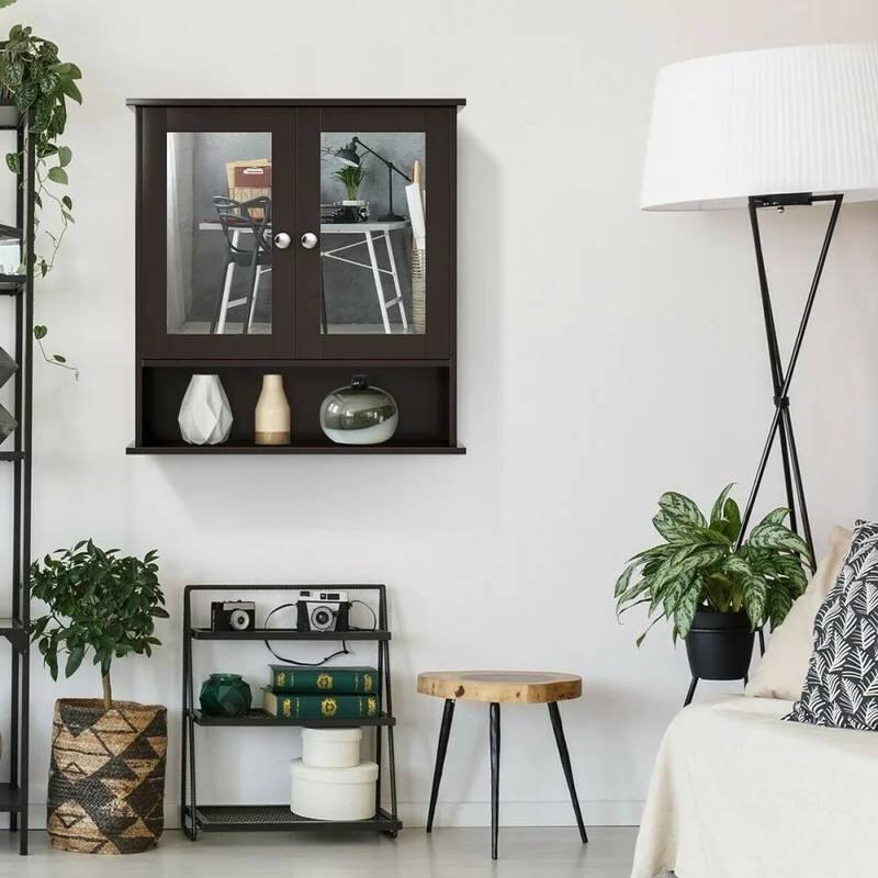 Back. Hivvago - Brown Wooden Bathroom Wall / Medicine Cabinet with Mirrored Doors and Shelf - Brown.