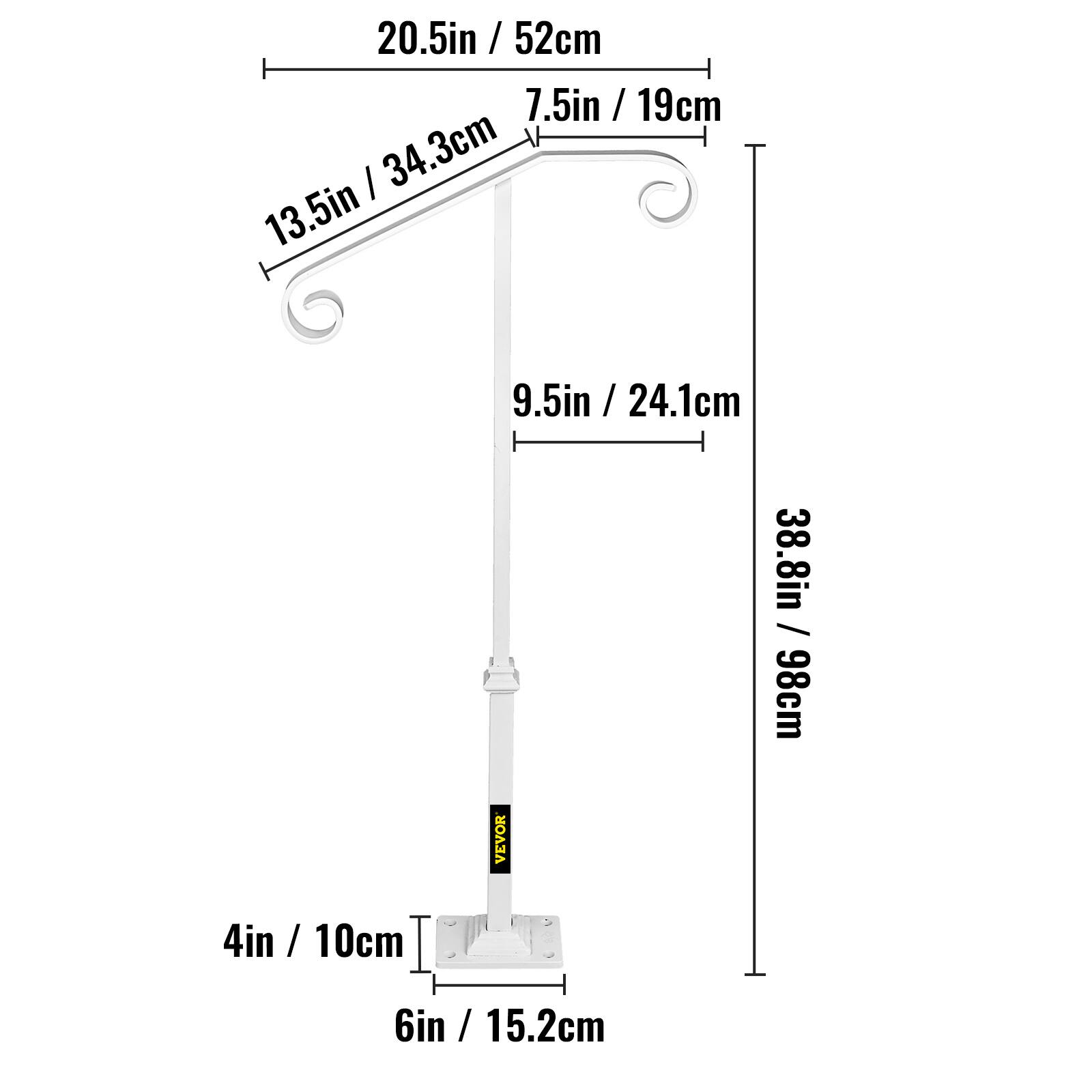 20.5in / 52cm, 7.5in / 19cm, 13.5in / 34.3cm, 9.5in / 24.1cm, 38.8in / 98cm, 4in / 10cm, 6in / 15.2cm