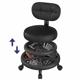Brick Attic - Mechanics Rolling Chair with Footrest and Storage Tray, Adjustable Height Task Chair with 2 Tier Storage Trays - Black