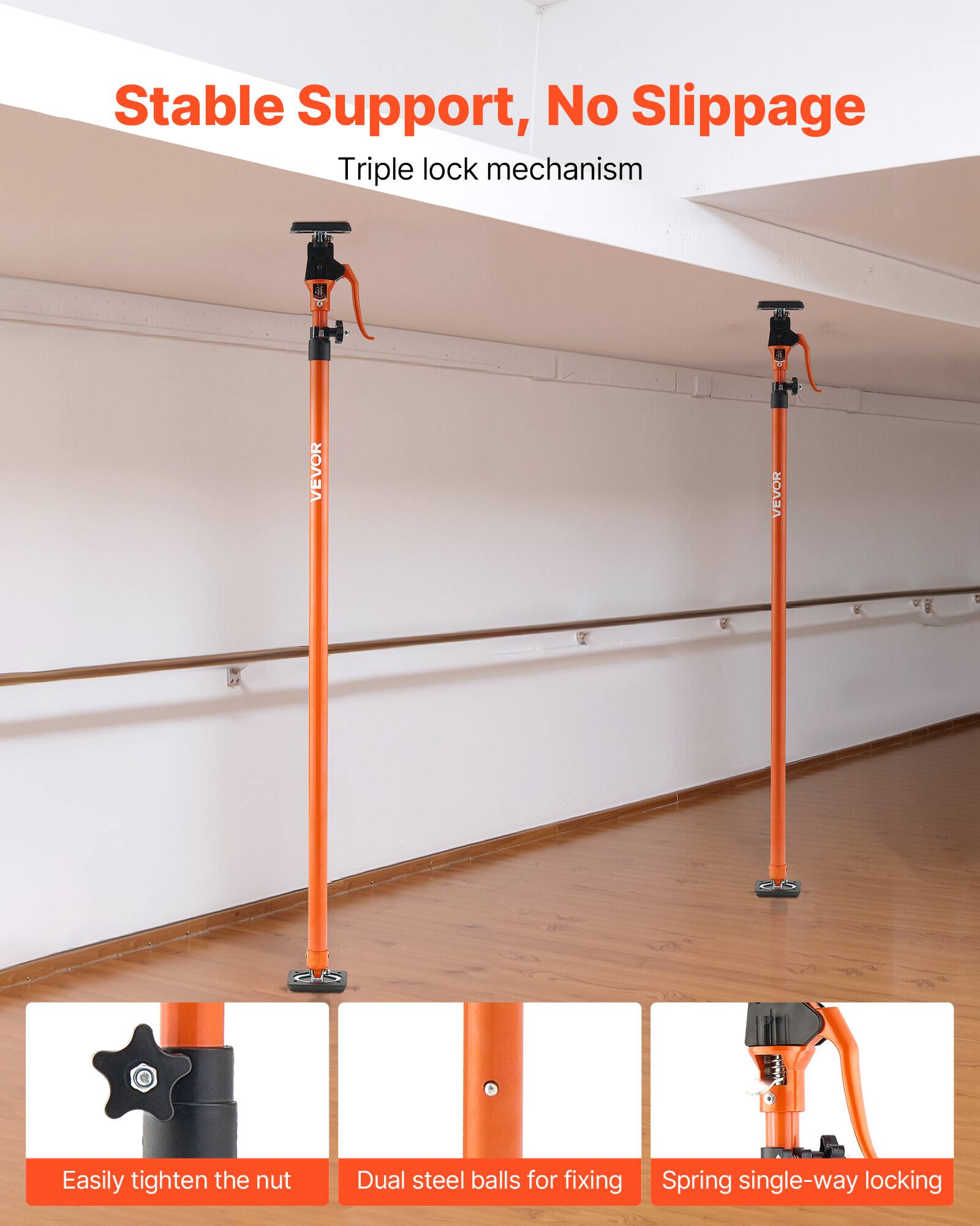 Stable Support, No Slippage  
Triple lock mechanism  

Easily tighten the nut  
Dual steel balls for fixing  
Spring single-way locking