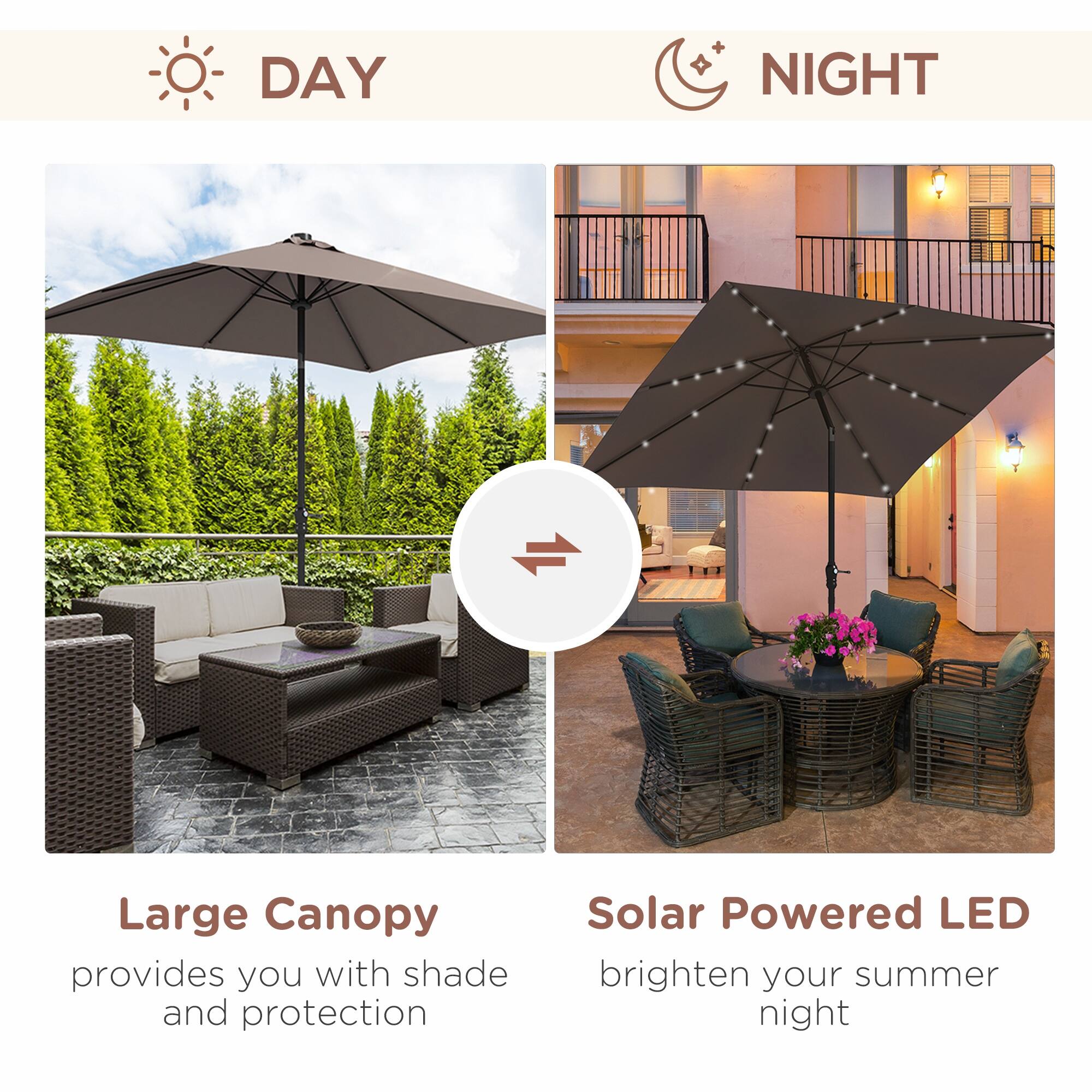 Large Canopy provides you with shade and protection
Solar Powered LED brighten your summer night