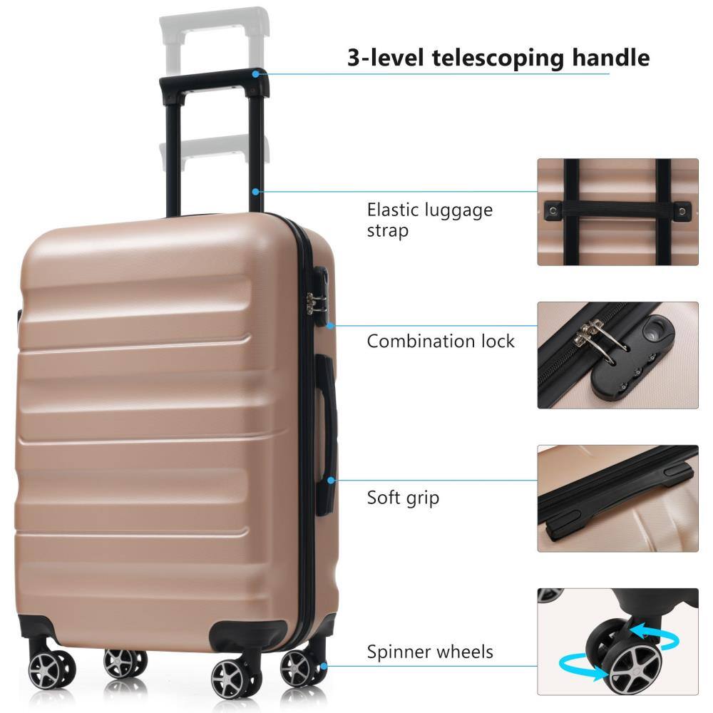 3-level telescoping handle  
Elastic luggage strap  
Combination lock  
Soft grip  
Spinner wheels