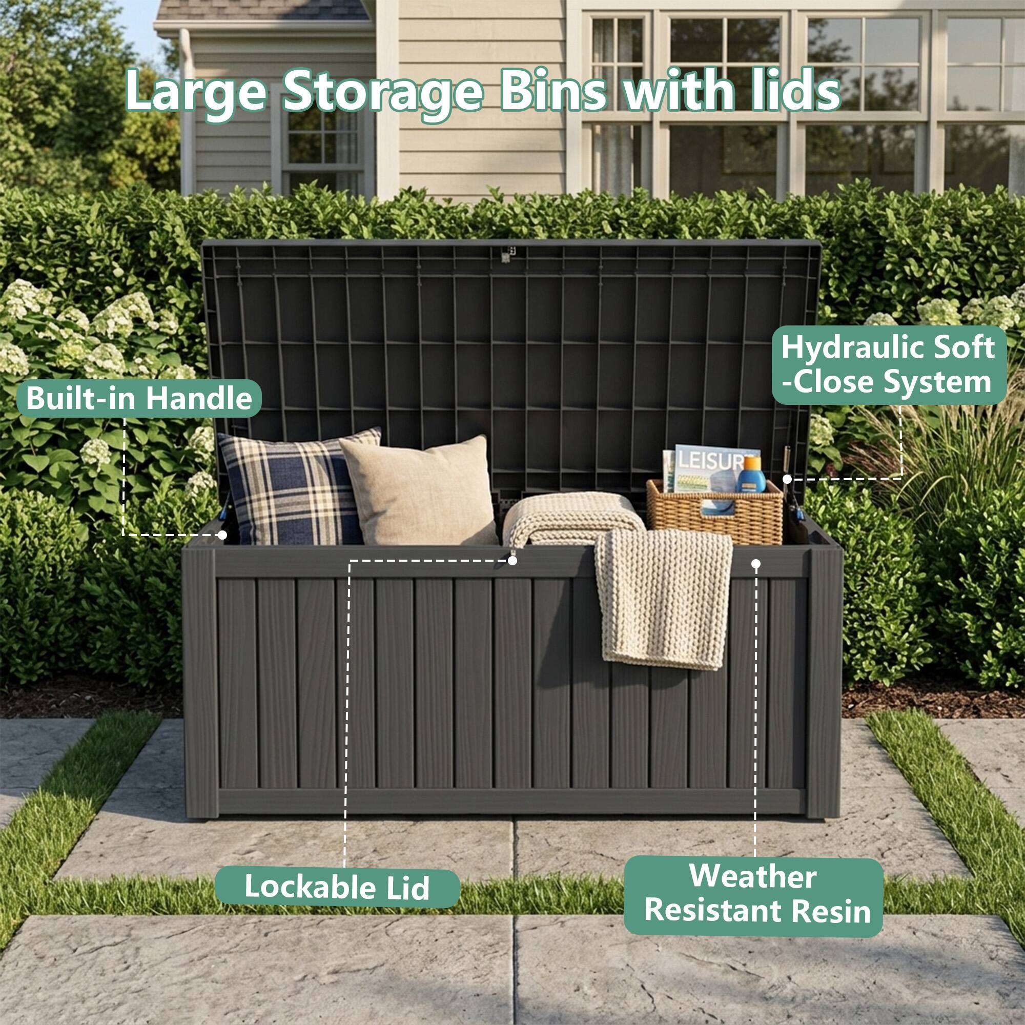 Large Storage Bins with lids  
Built-in Handle  
Hydraulic Soft-Close System  
Lockable Lid  
Weather Resistant Resin