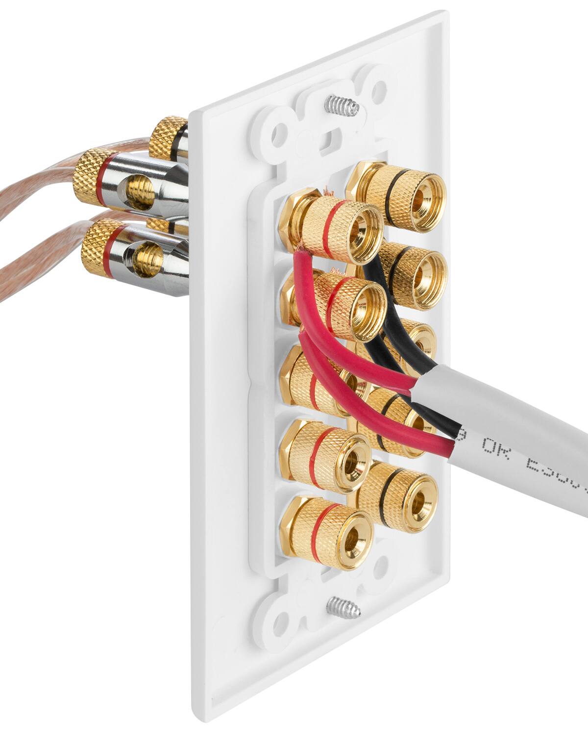 Back. Fosmon - [Five Speaker] Home Theater Wall Plate, Copper Banana Binding Post Coupler Type Audio Wall Plate for 5 Speakers (White) - White.
