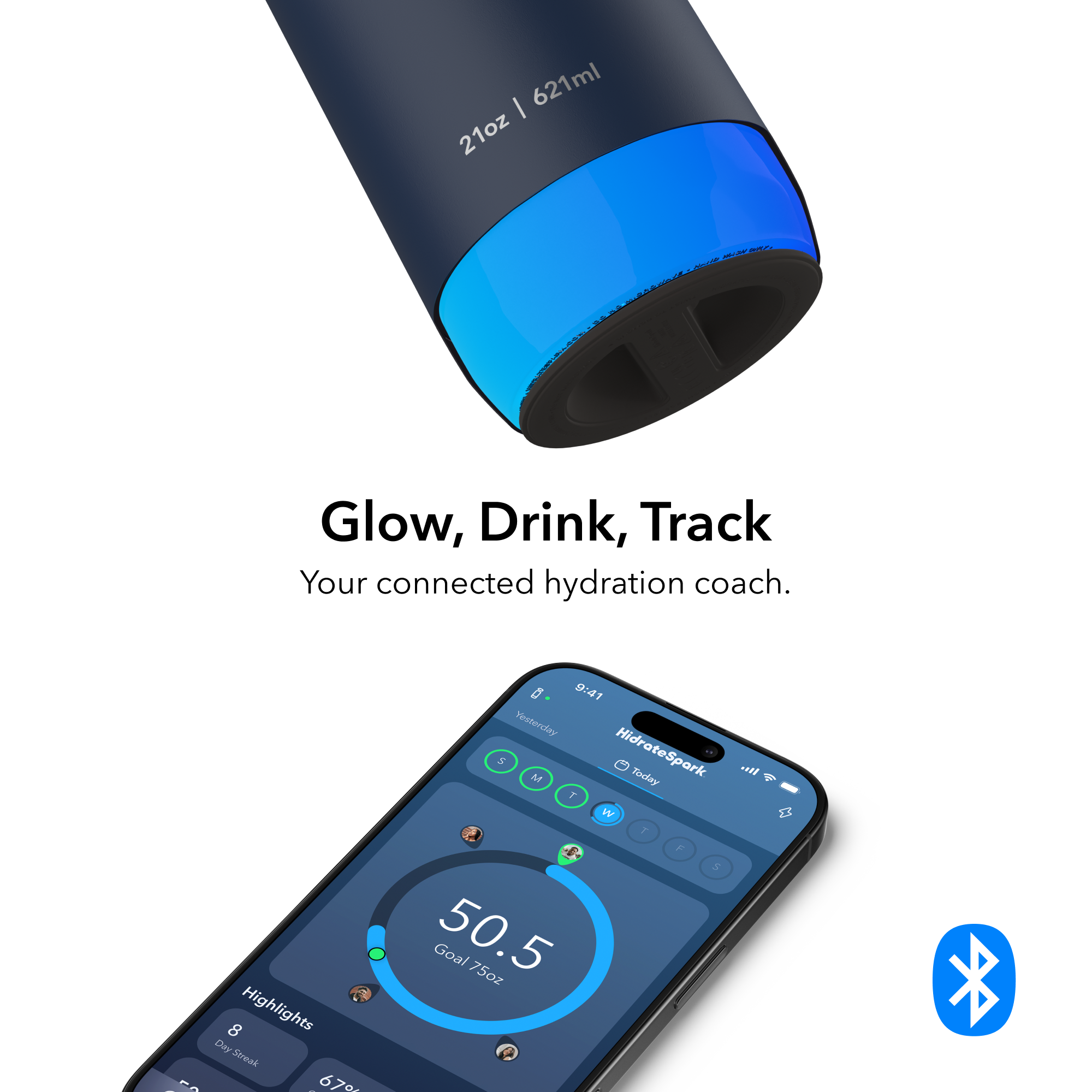 Sure, here is the corrected and grouped text:

**Water Bottle:**
- 21oz | 621ml

**App Display:**
- 9:41
- HidrateSpark
- Today
- 50.5 Goal 75oz
- Highlights
  - 8 Day-Spank
- 67%