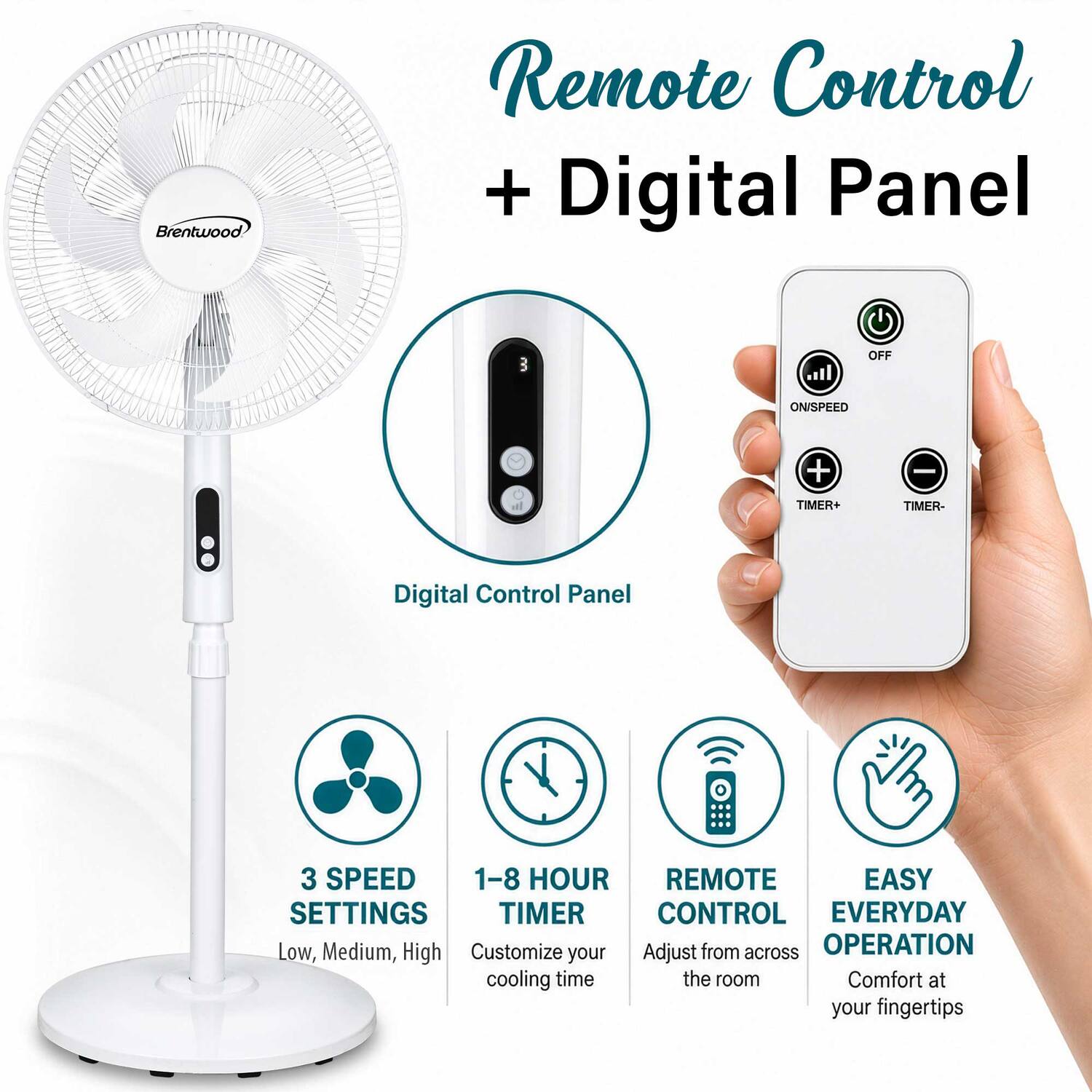 Brentwood Remote Control + Digital Panel 3 OFF ON/SPEED + TIMER+ TIMER- Digital Control Panel 3 SPEED 1-8 HOUR REMOTE EASY SETTINGS TIMER CONTROL EVERYDAY Low, Medium, High Customize your cooling time the room Comfort at your fingertips