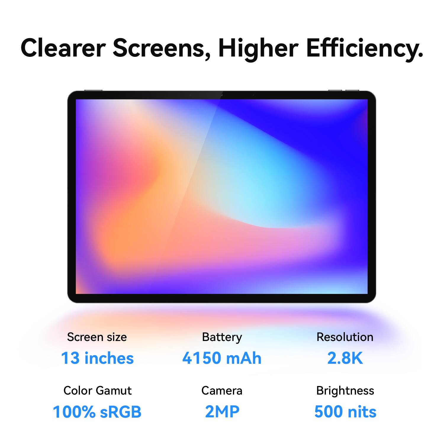 Clearer Screens, Higher Efficiency.

Screen size: 13 inches
Battery: 4150 mAh
Resolution: 2.8K
Color Gamut: 100% sRGB
Camera: 2MP
Brightness: 500 nits