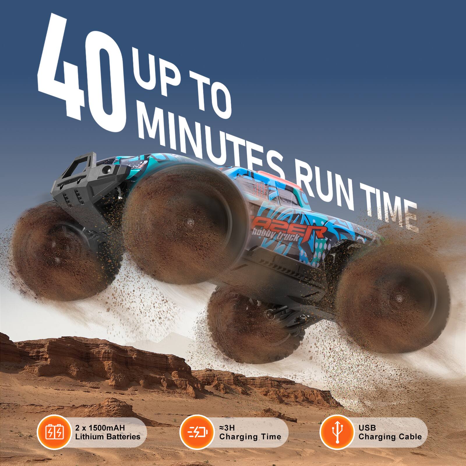 40 UP TO MINUTES RUN TIME

2 x 1500mAH Lithium Batteries

≈3H Charging Time

USB Charging Cable