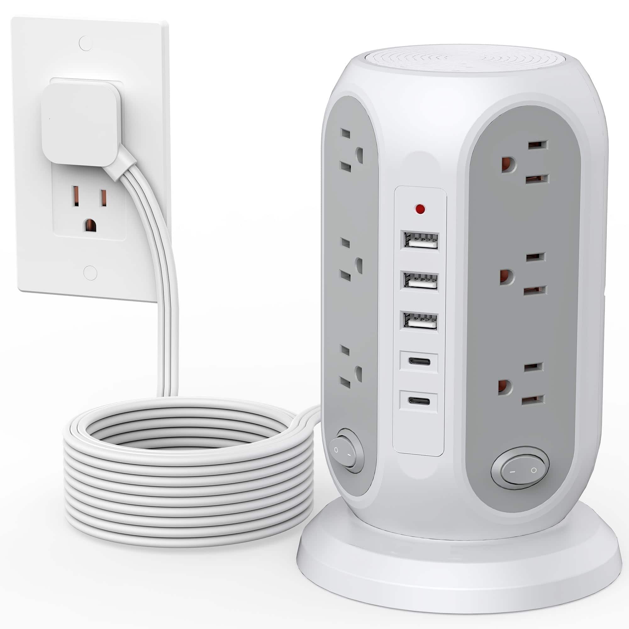 Dazzed Corner - 15FT Power Strip Tower, 12 AC Outlets & 5 USB Ports with Surge Protection - White