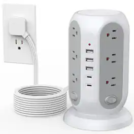 Dazzed Corner - 15FT Power Strip Tower, 12 AC Outlets & 5 USB Ports with Surge Protection - White